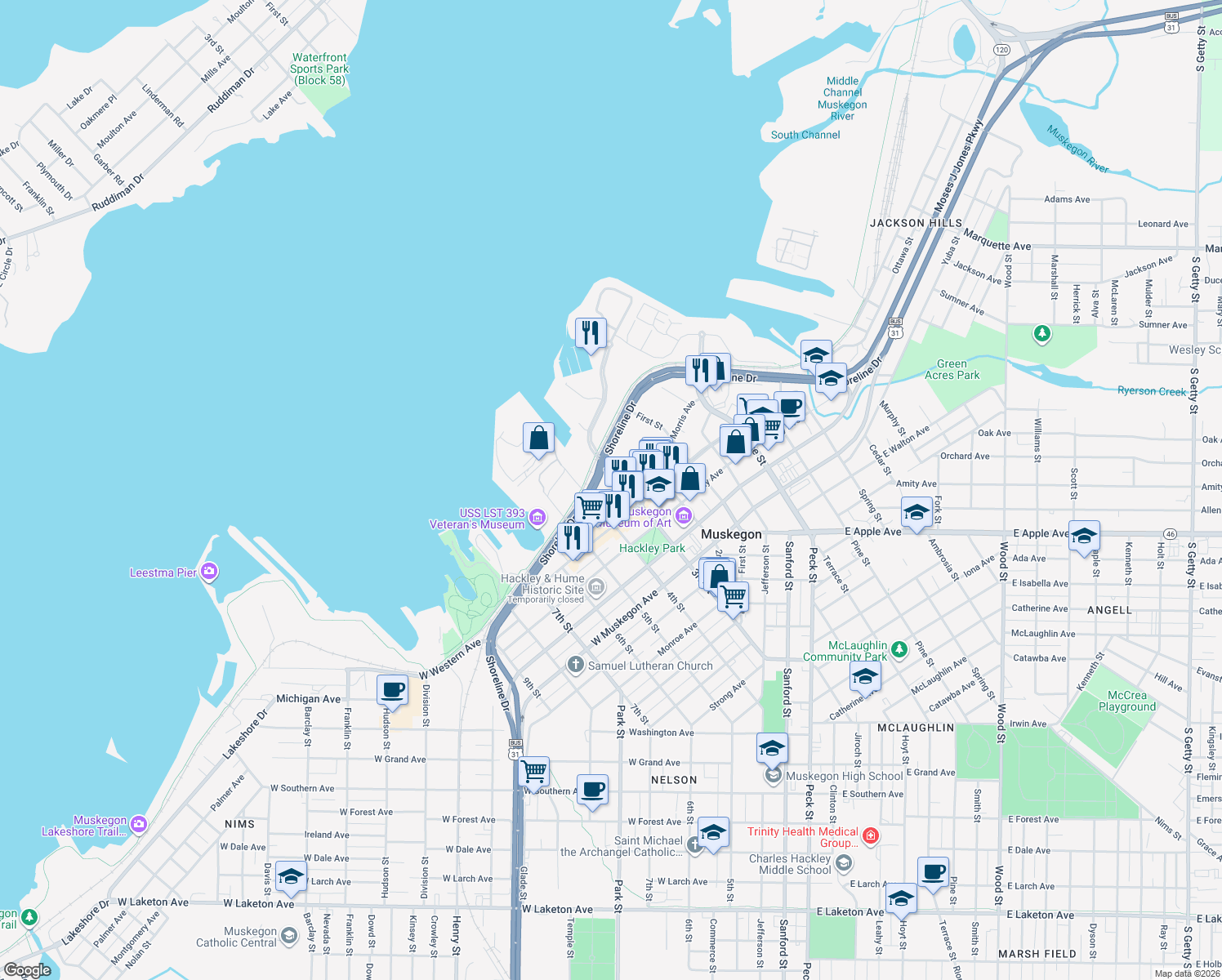 map of restaurants, bars, coffee shops, grocery stores, and more near 955 3rd Street in Muskegon