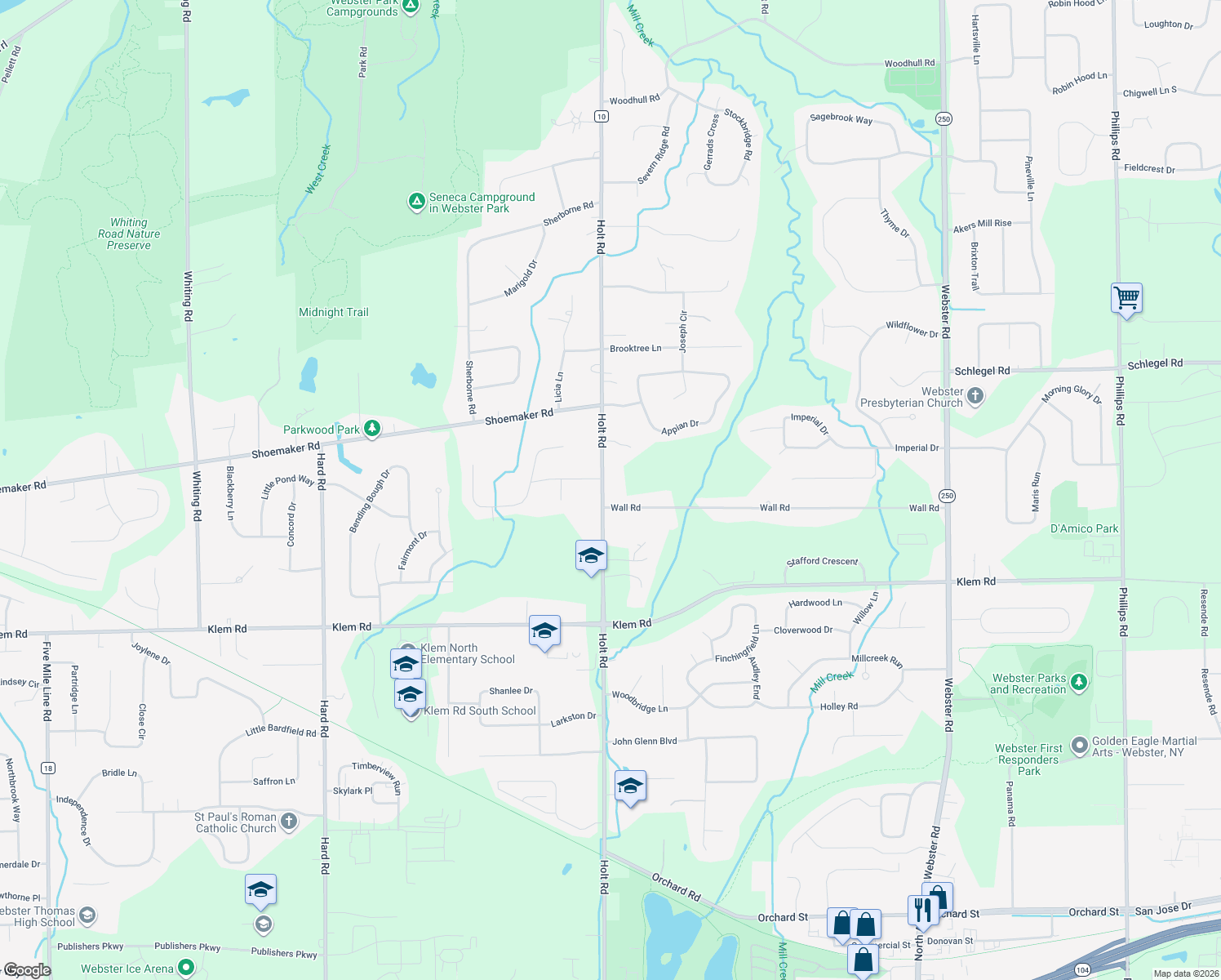map of restaurants, bars, coffee shops, grocery stores, and more near 588 Holt Rd in Webster