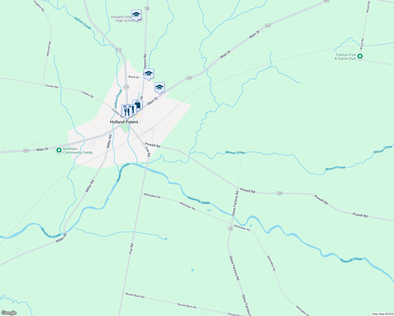 map of restaurants, bars, coffee shops, grocery stores, and more near 9699 Powell Rd in Holland Patent