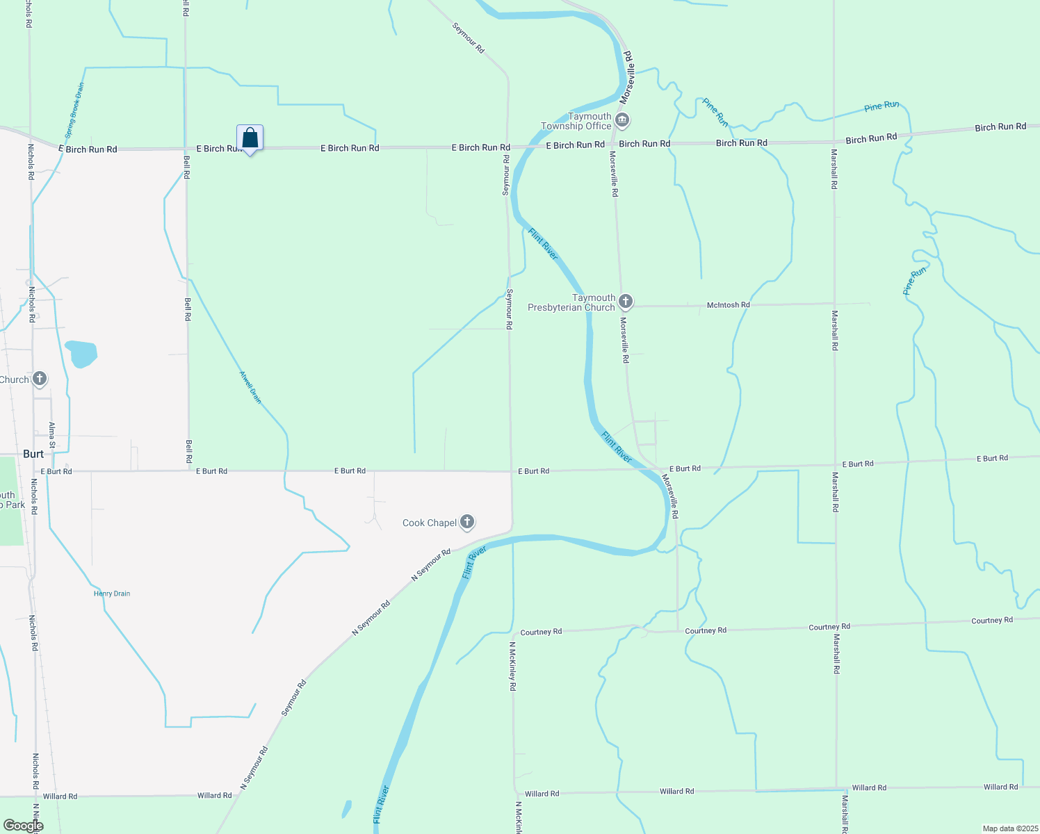 map of restaurants, bars, coffee shops, grocery stores, and more near 12811 Seymour Road in Burt