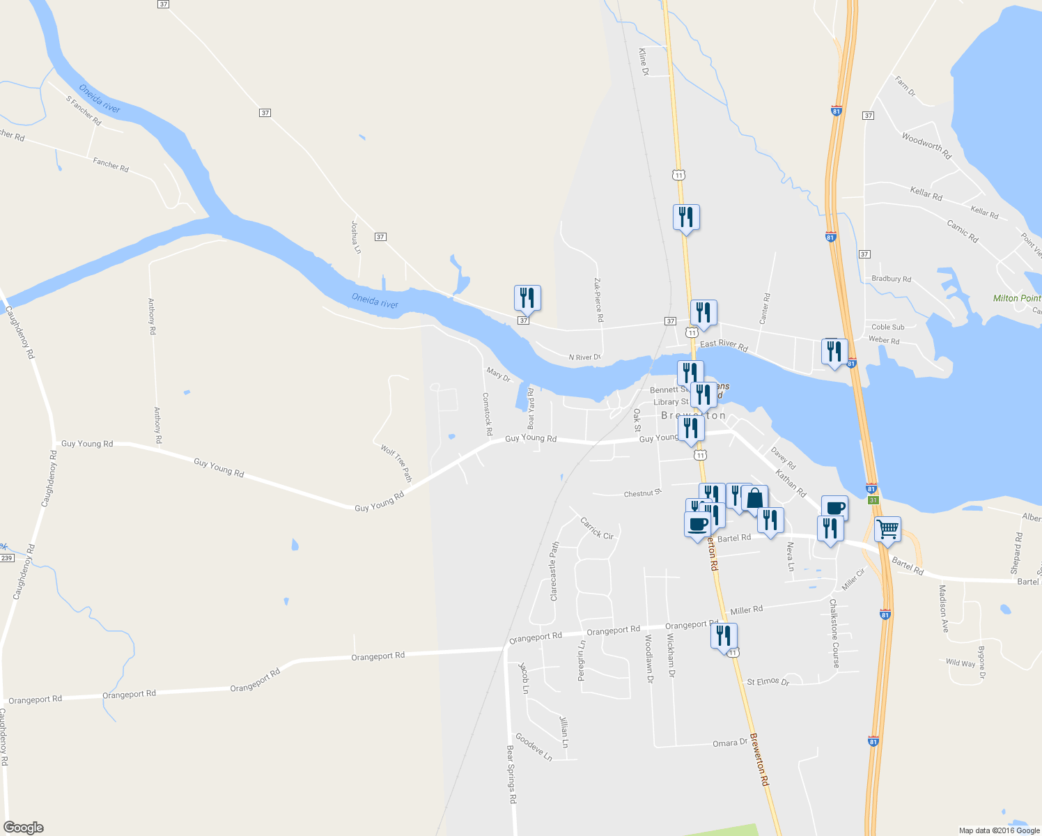 map of restaurants, bars, coffee shops, grocery stores, and more near 5307 Guy Young Road in Brewerton