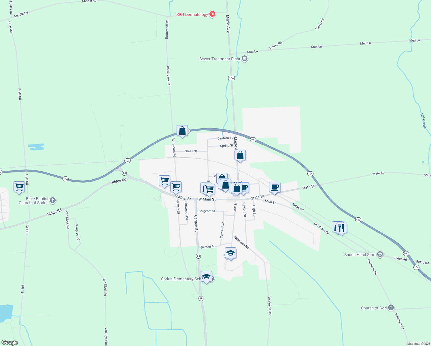 map of restaurants, bars, coffee shops, grocery stores, and more near 32 Union Street in Sodus