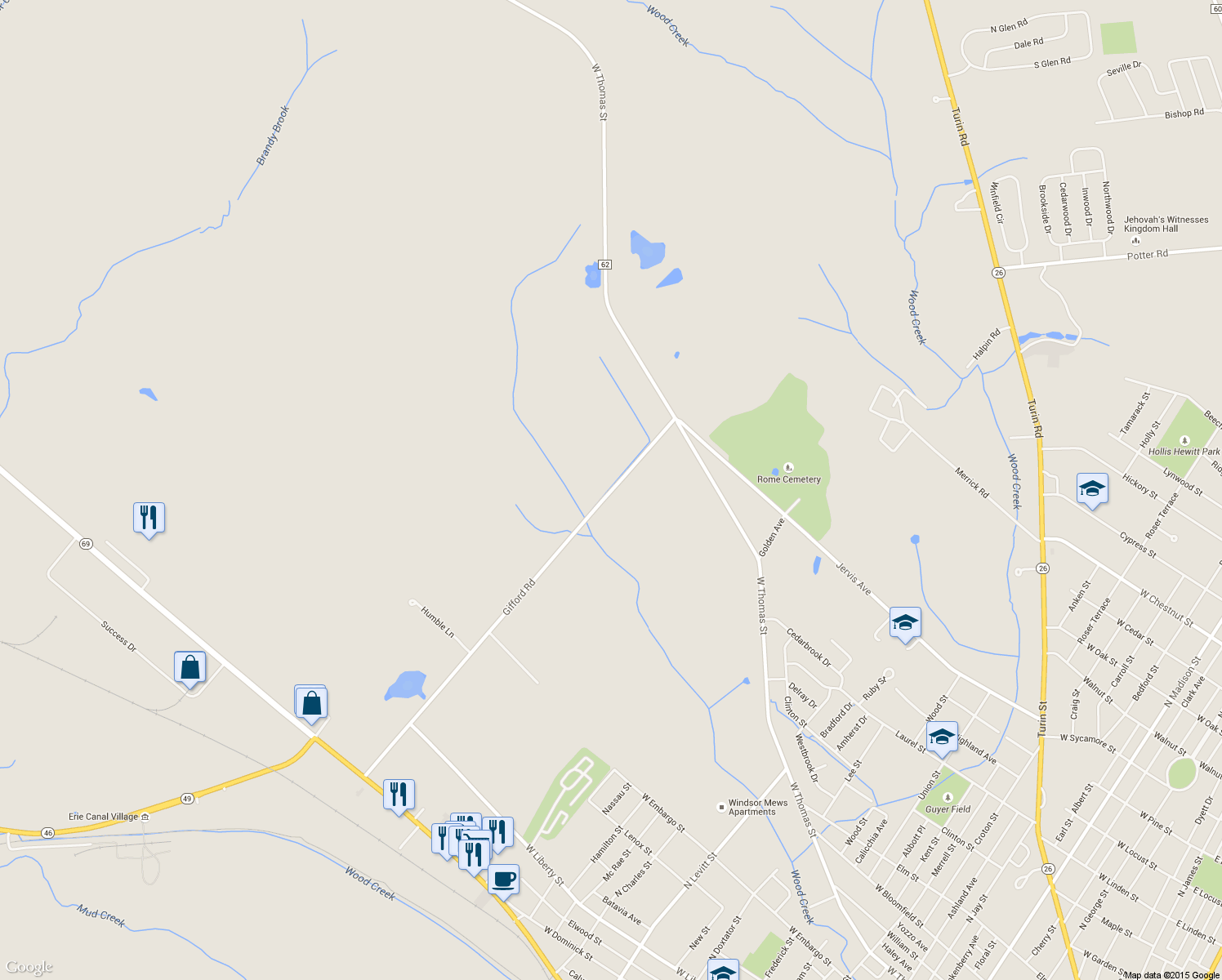 map of restaurants, bars, coffee shops, grocery stores, and more near 7791 Gifford Road in Rome