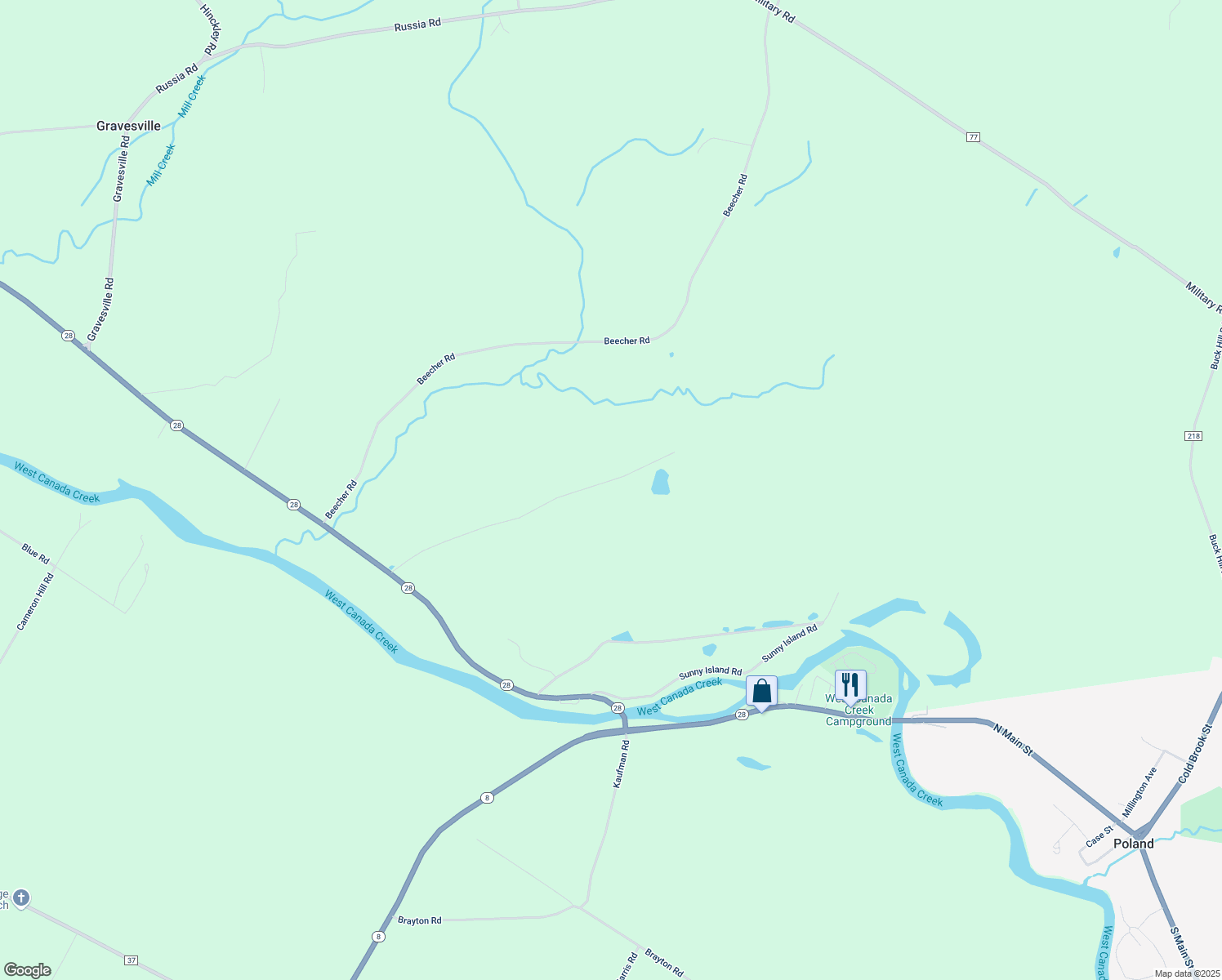 map of restaurants, bars, coffee shops, grocery stores, and more near 266 Plumb Road in Poland
