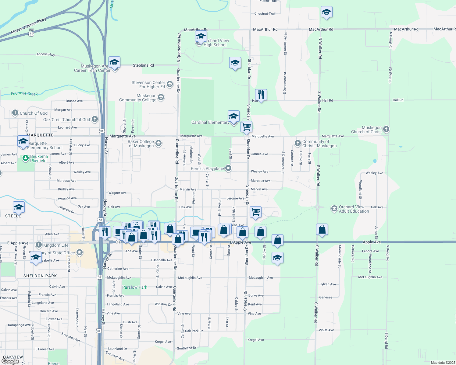 map of restaurants, bars, coffee shops, grocery stores, and more near 2285 Monica Lane in Muskegon