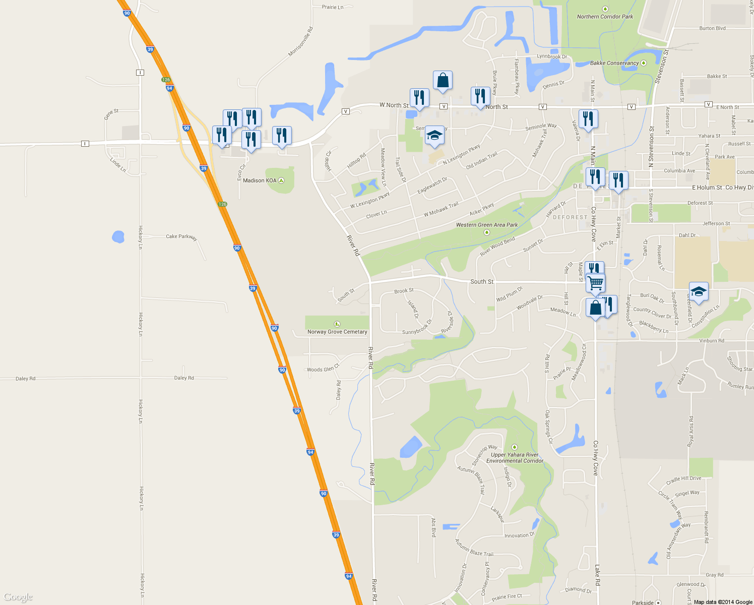 map of restaurants, bars, coffee shops, grocery stores, and more near 816 Brook St in DeForest