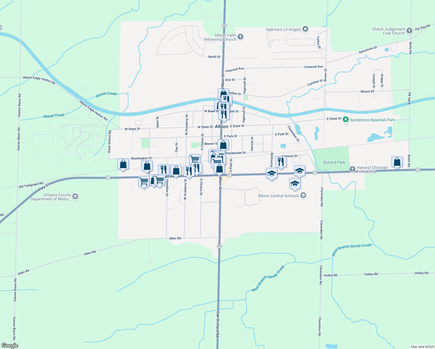 map of restaurants, bars, coffee shops, grocery stores, and more near 456 West Avenue in Albion