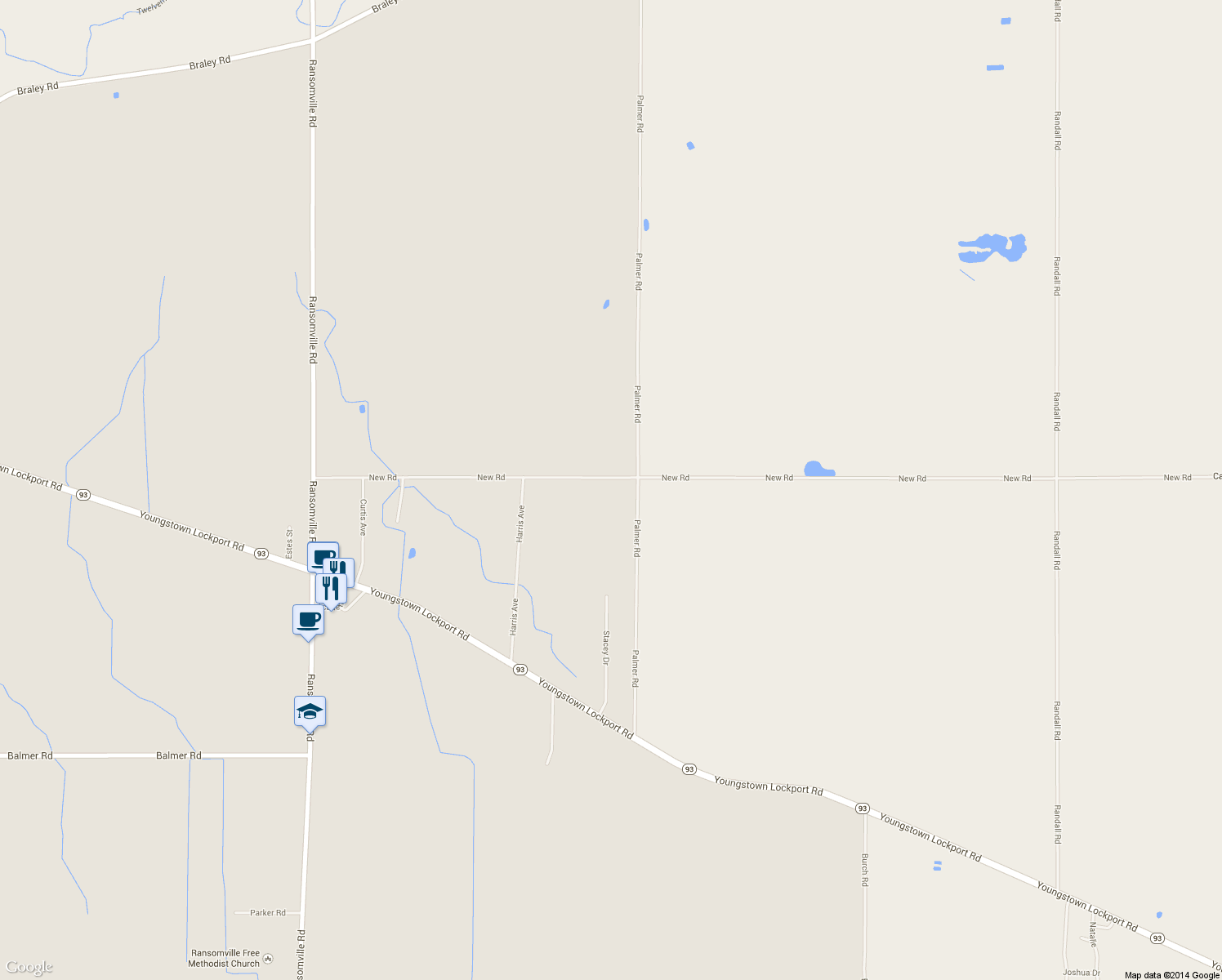 map of restaurants, bars, coffee shops, grocery stores, and more near 2786 New Road in Ransomville