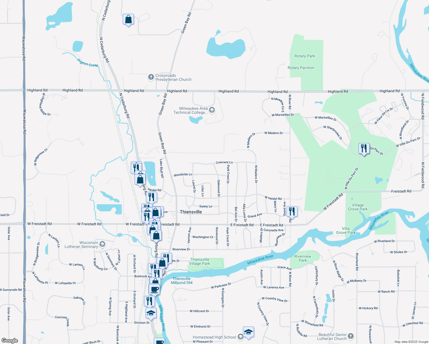 map of restaurants, bars, coffee shops, grocery stores, and more near 601 Oakwood Dr in Thiensville