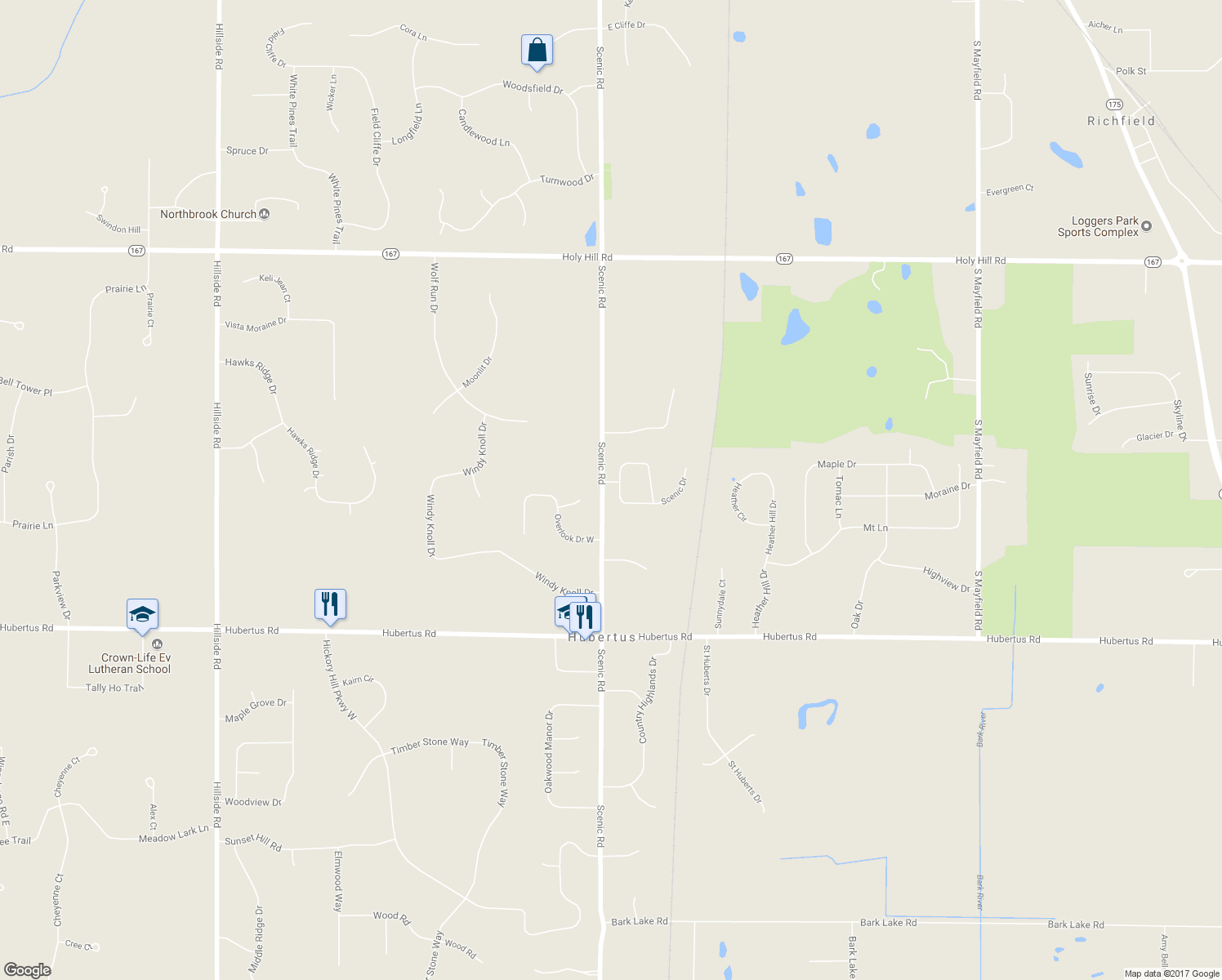 map of restaurants, bars, coffee shops, grocery stores, and more near 1477 Scenic Drive in Hubertus