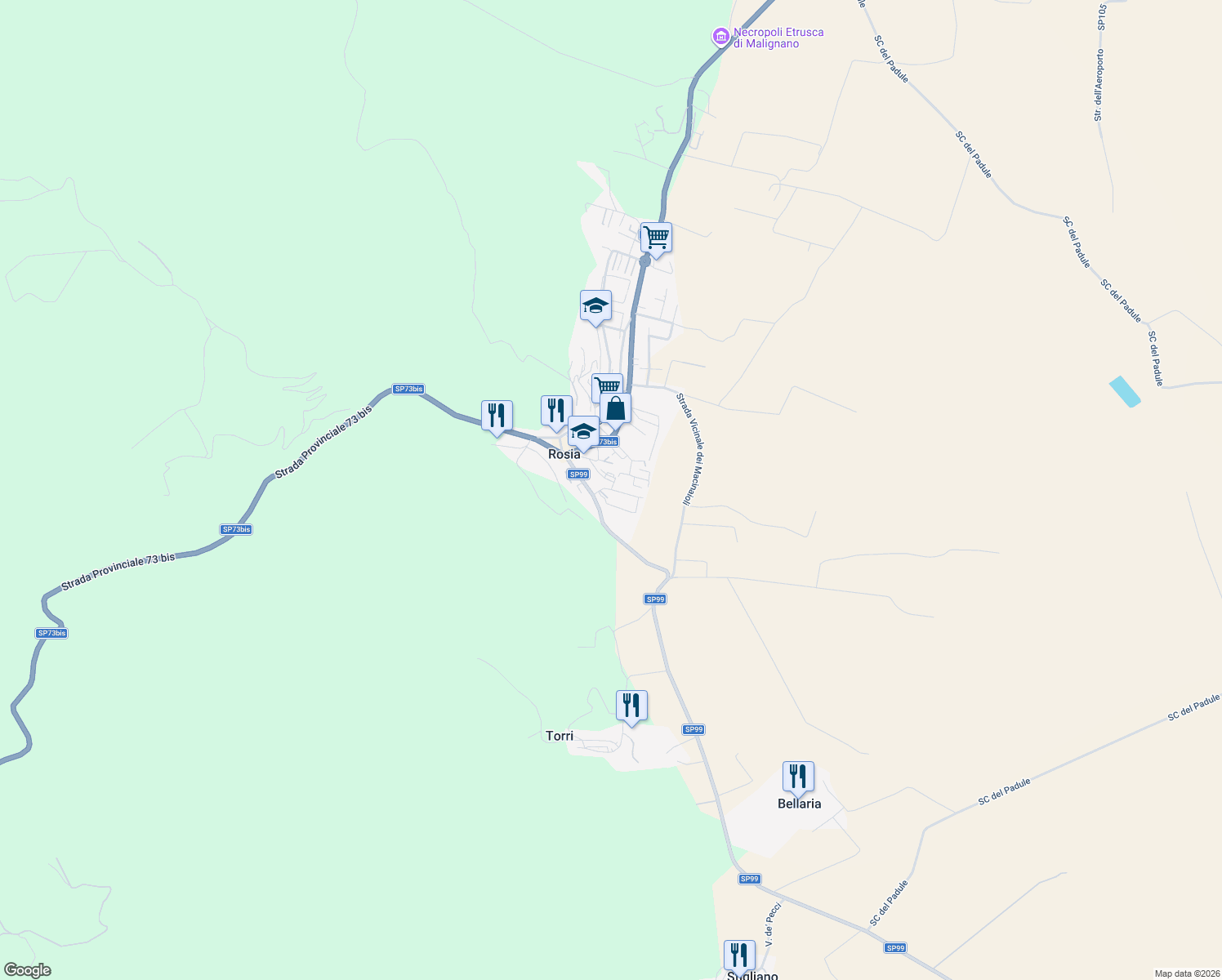 map of restaurants, bars, coffee shops, grocery stores, and more near 37 Via del Pontaccio in Rosia