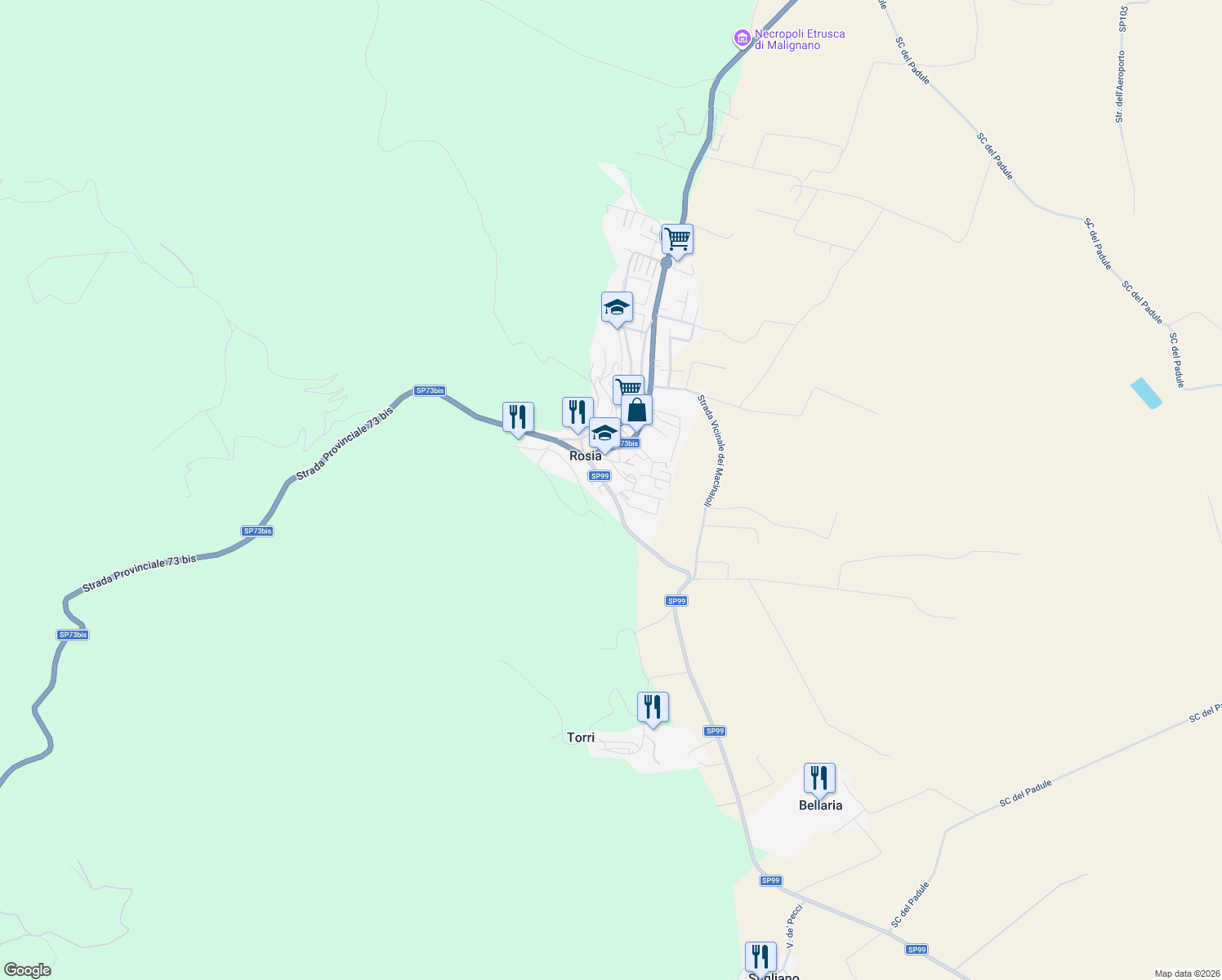 map of restaurants, bars, coffee shops, grocery stores, and more near 37 Via del Pontaccio in Rosia