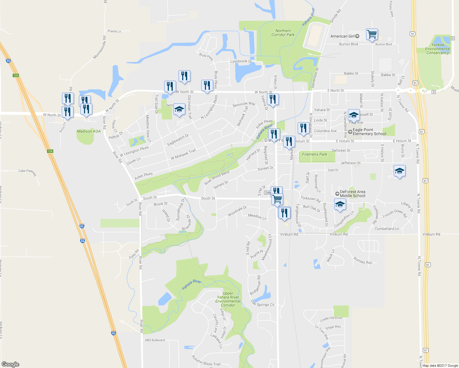 map of restaurants, bars, coffee shops, grocery stores, and more near 433 Sunset Dr in DeForest