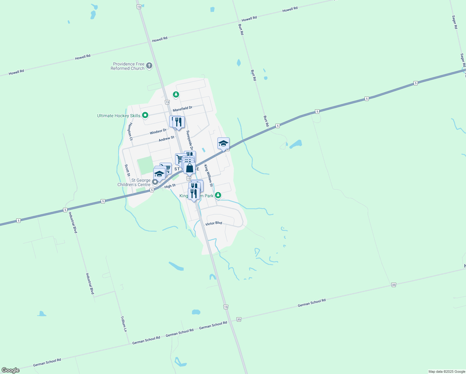 map of restaurants, bars, coffee shops, grocery stores, and more near 23 Russell Crescent in Saint George
