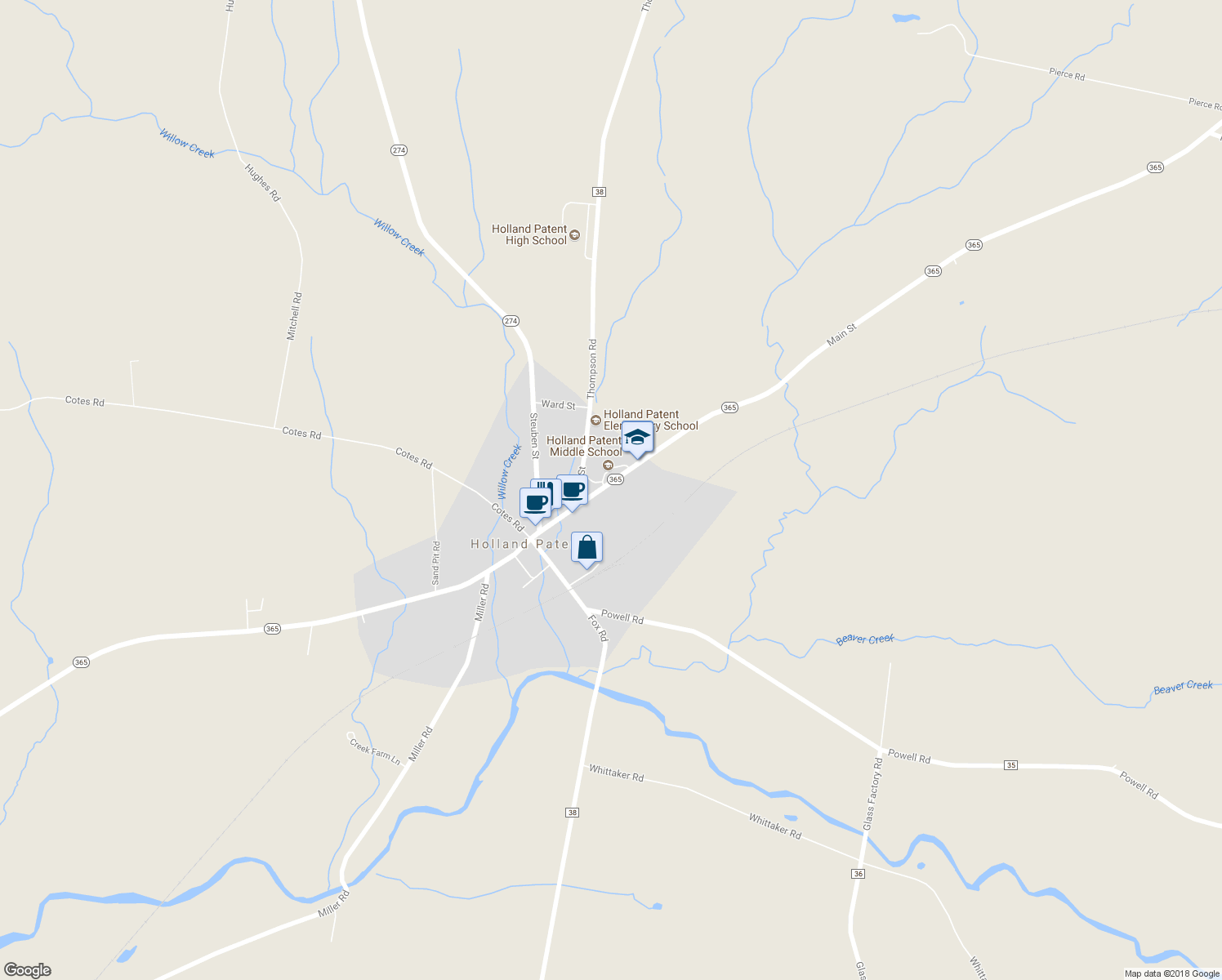 map of restaurants, bars, coffee shops, grocery stores, and more near 9592 Main Street in Holland Patent