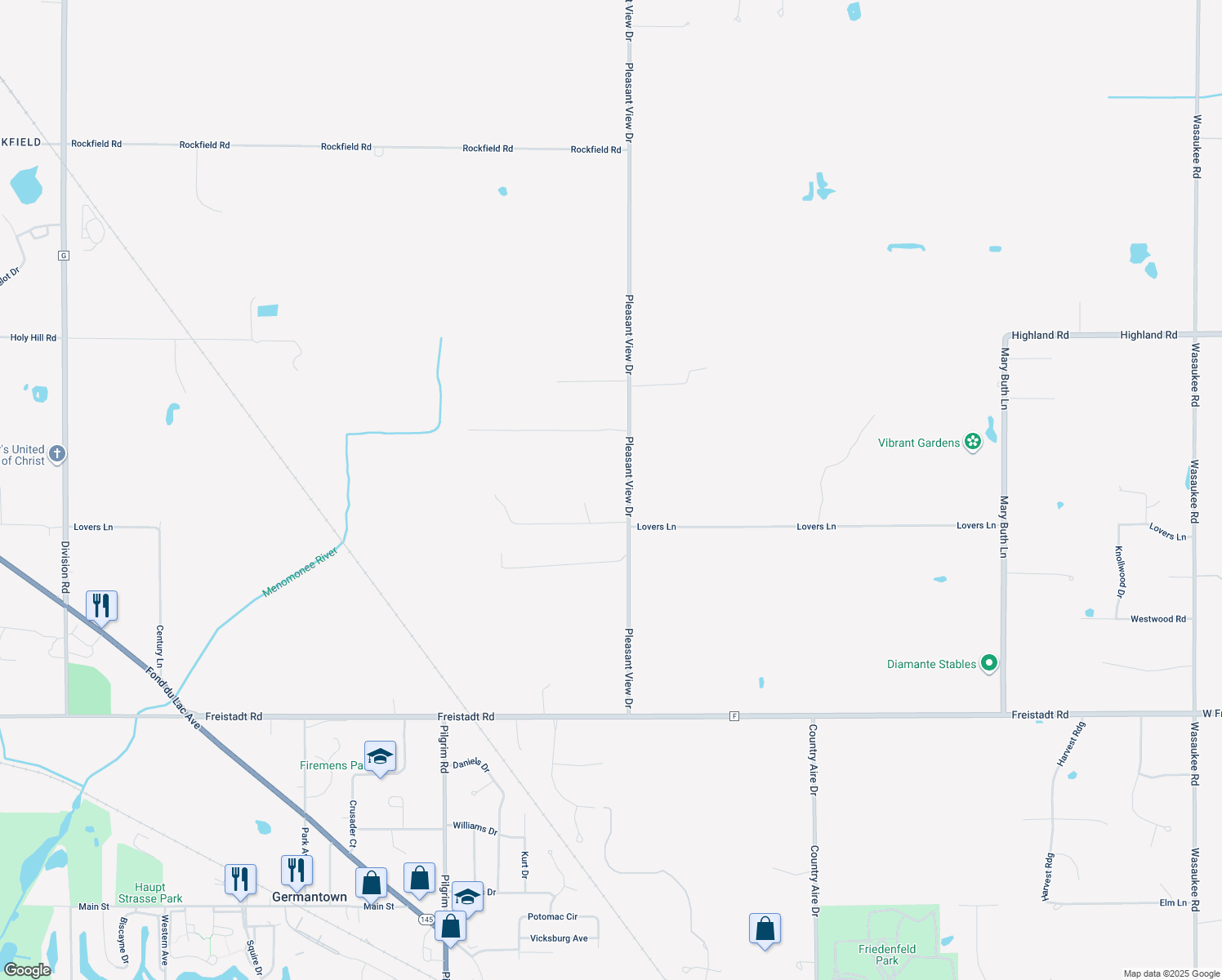 map of restaurants, bars, coffee shops, grocery stores, and more near W148N12505 Pleasant View Drive in Richfield