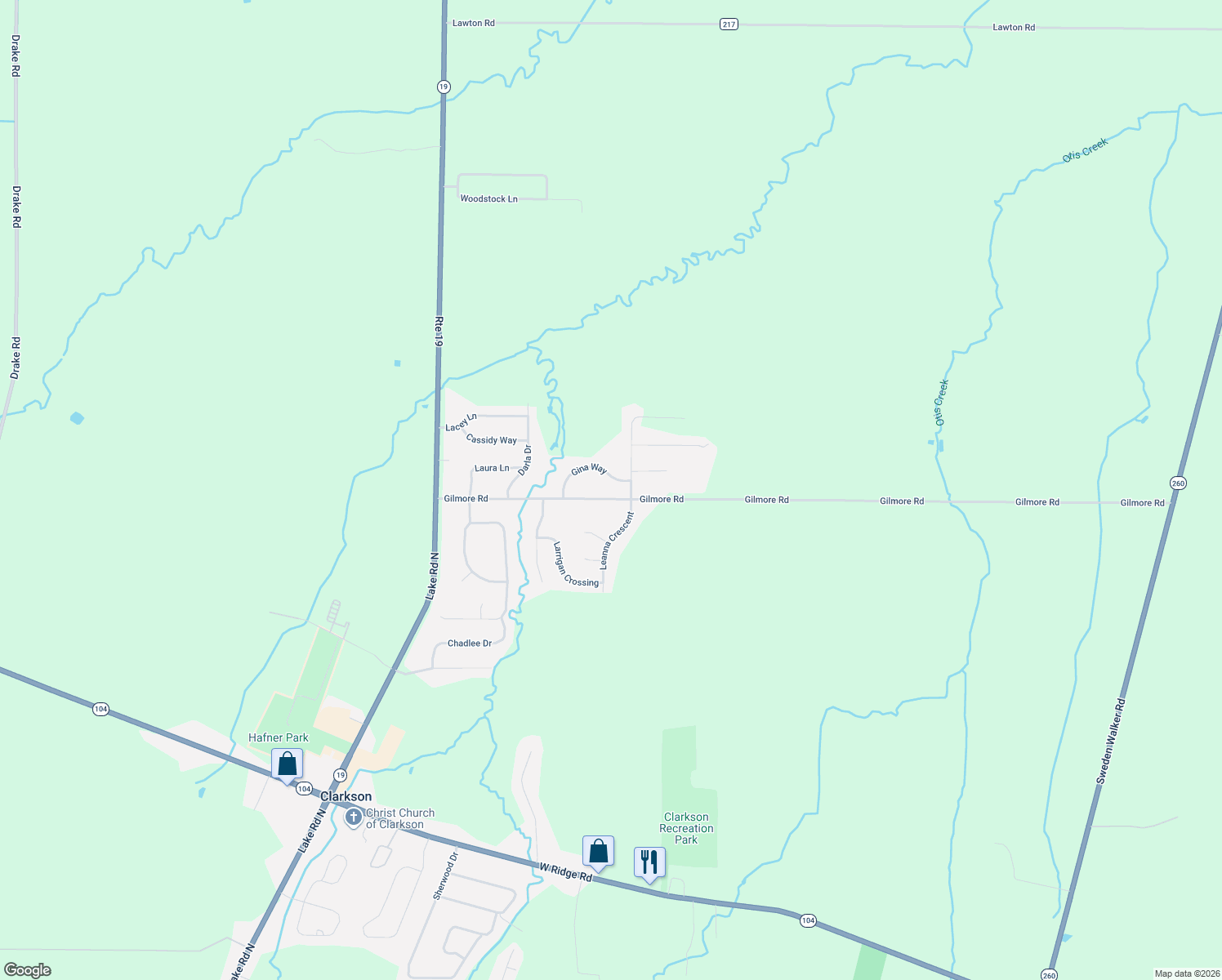 map of restaurants, bars, coffee shops, grocery stores, and more near 624 Gilmore Rd in Clarkson