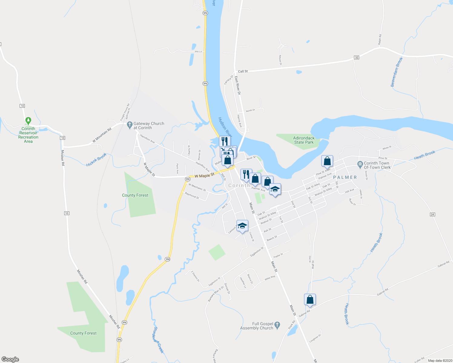 map of restaurants, bars, coffee shops, grocery stores, and more near 215 Mill Street in Corinth