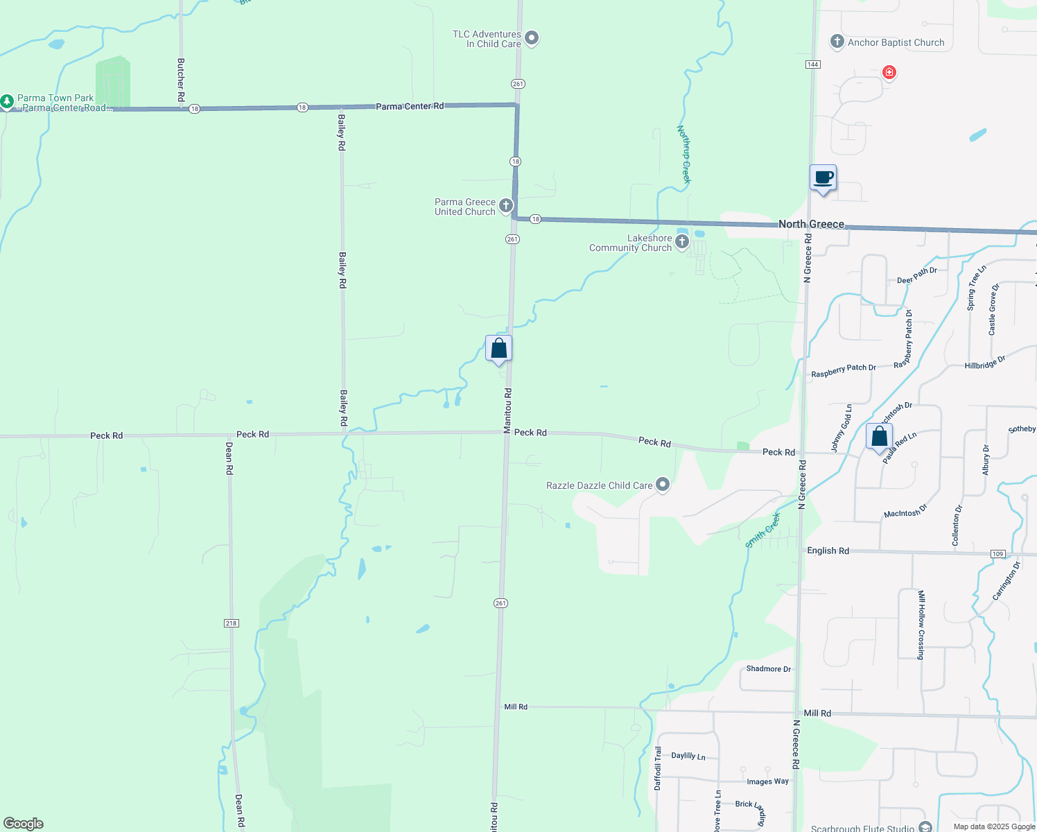 map of restaurants, bars, coffee shops, grocery stores, and more near 1330 Manitou Rd in Hilton
