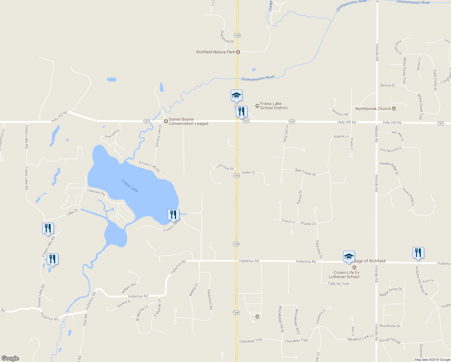 map of restaurants, bars, coffee shops, grocery stores, and more near 4639 Loch View Road in Hubertus