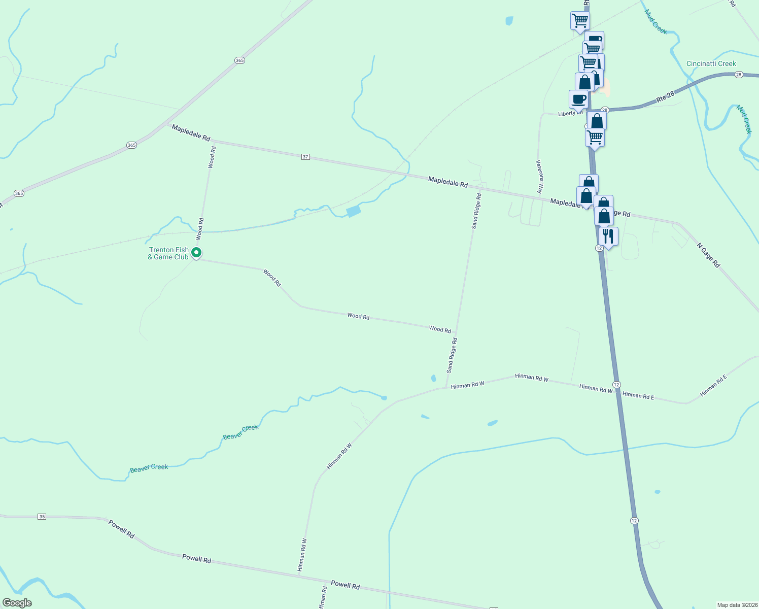 map of restaurants, bars, coffee shops, grocery stores, and more near 7802 Wood Rd in Barneveld