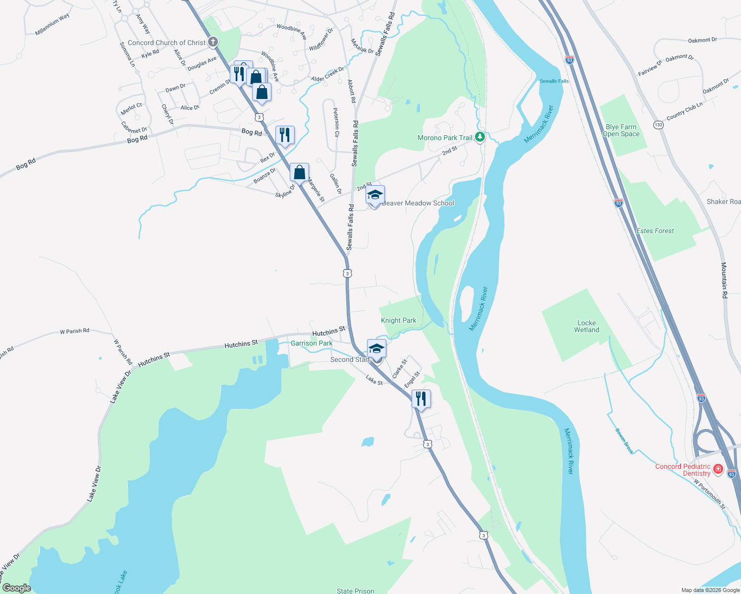 map of restaurants, bars, coffee shops, grocery stores, and more near 5 Davis Street in Concord