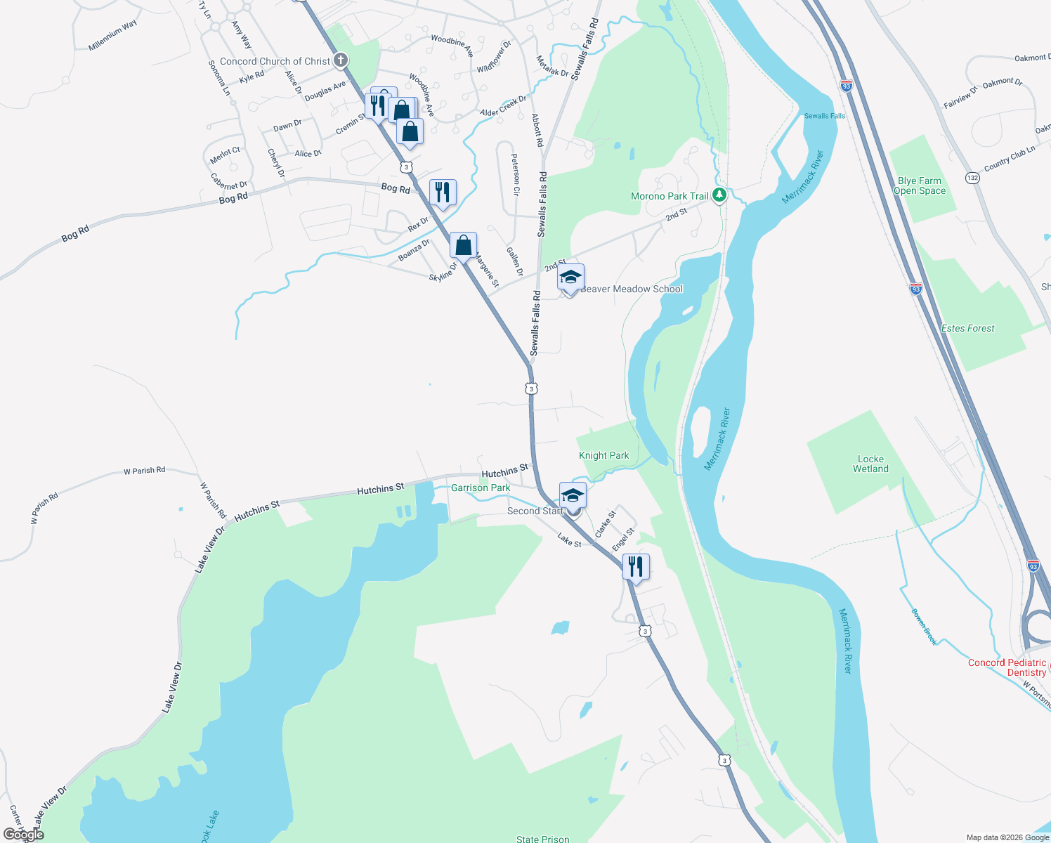 map of restaurants, bars, coffee shops, grocery stores, and more near 531 North State Street in Concord