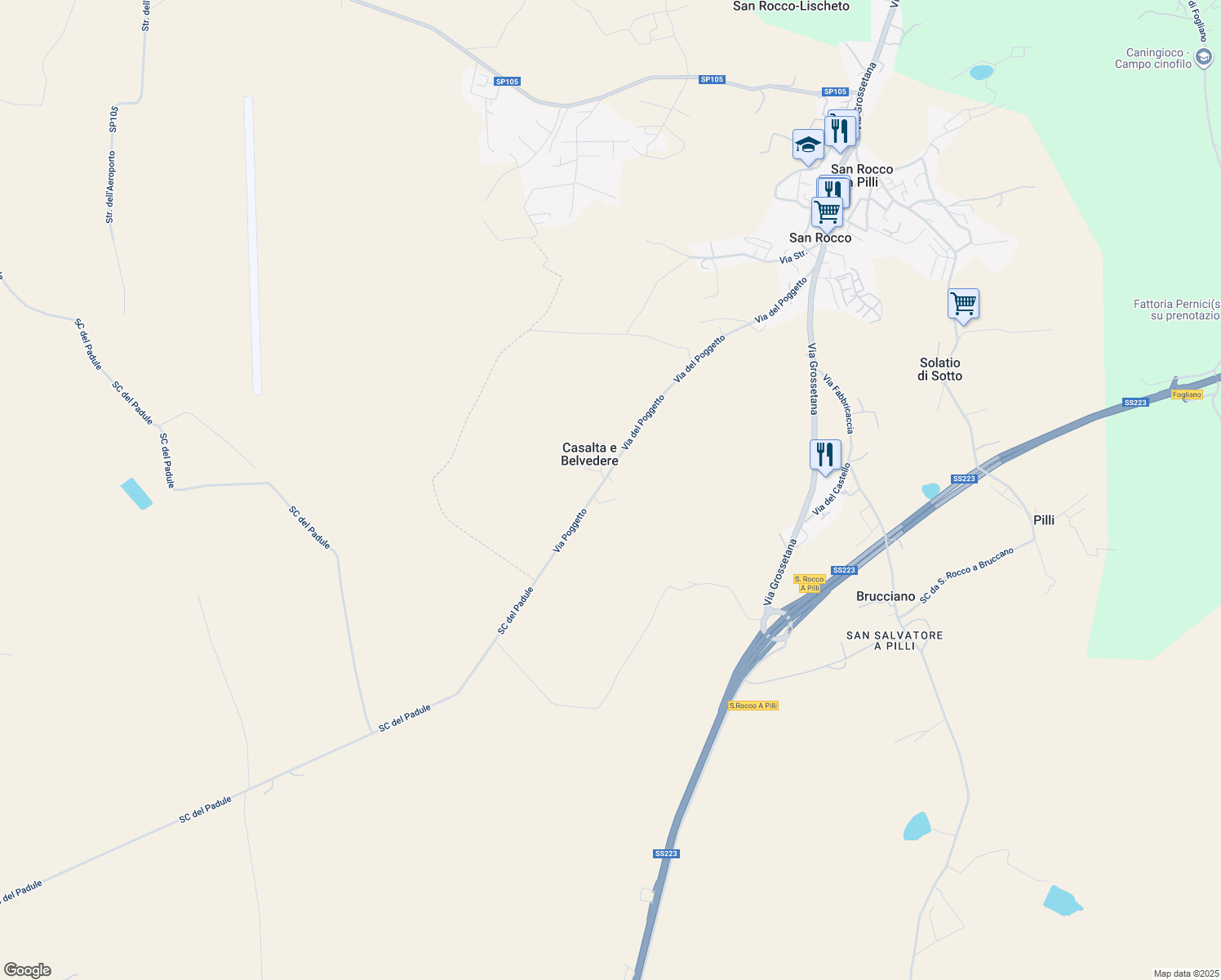 map of restaurants, bars, coffee shops, grocery stores, and more near 209H Via Poggetto in Provincia di Siena