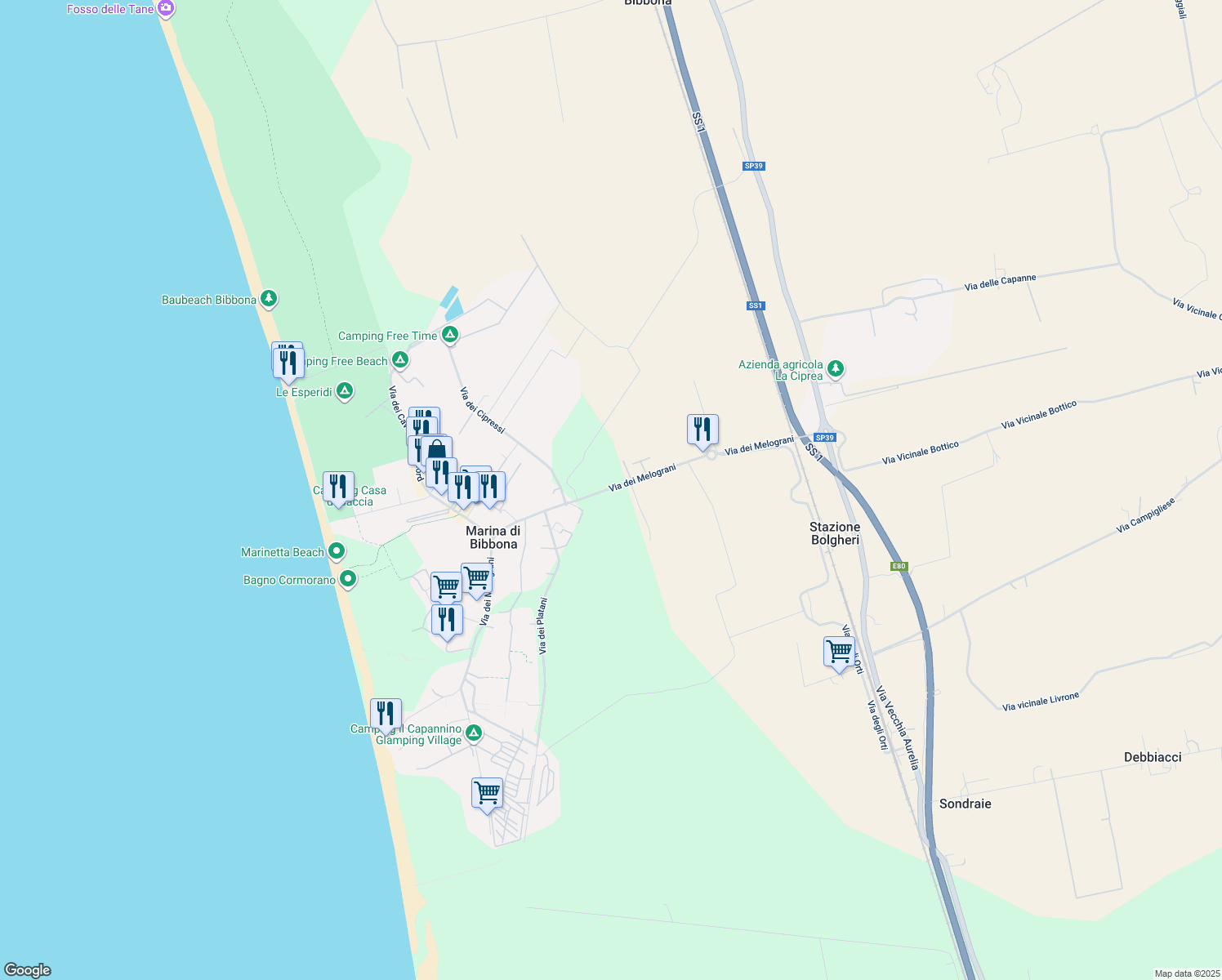 map of restaurants, bars, coffee shops, grocery stores, and more near 14 Via dei Melograni in Marina di Bibbona