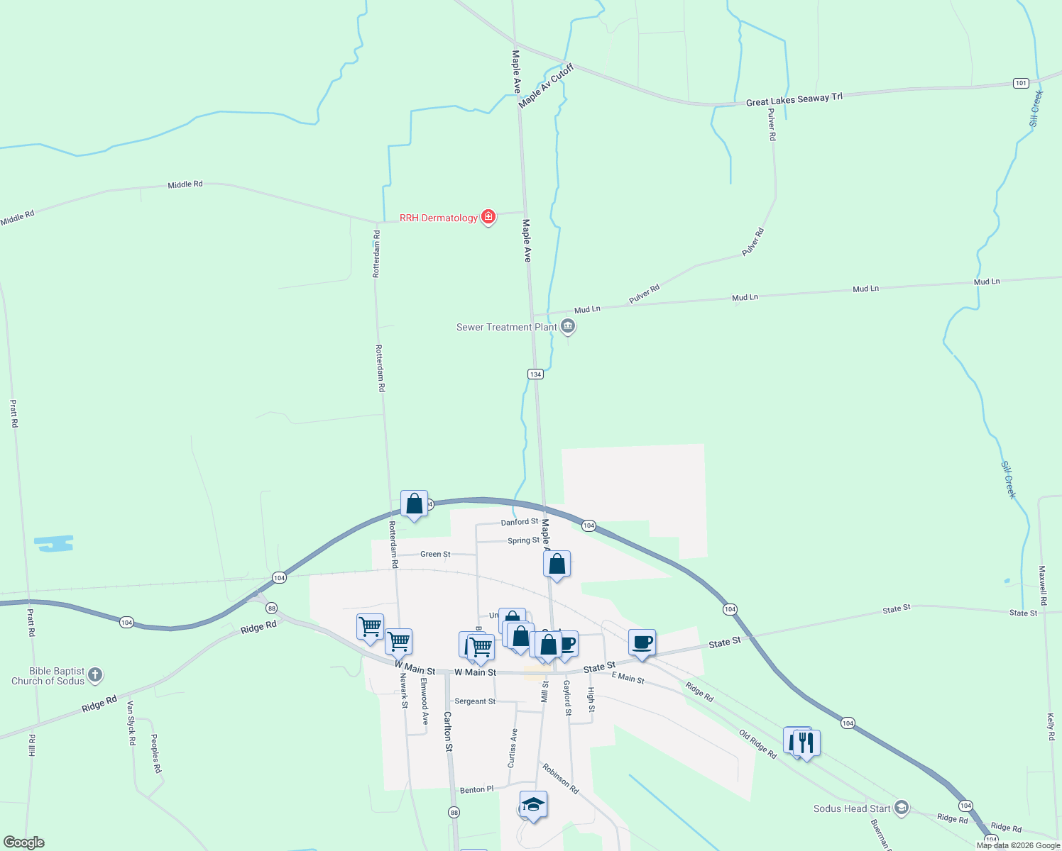 map of restaurants, bars, coffee shops, grocery stores, and more near 6837 Maple Avenue in Sodus