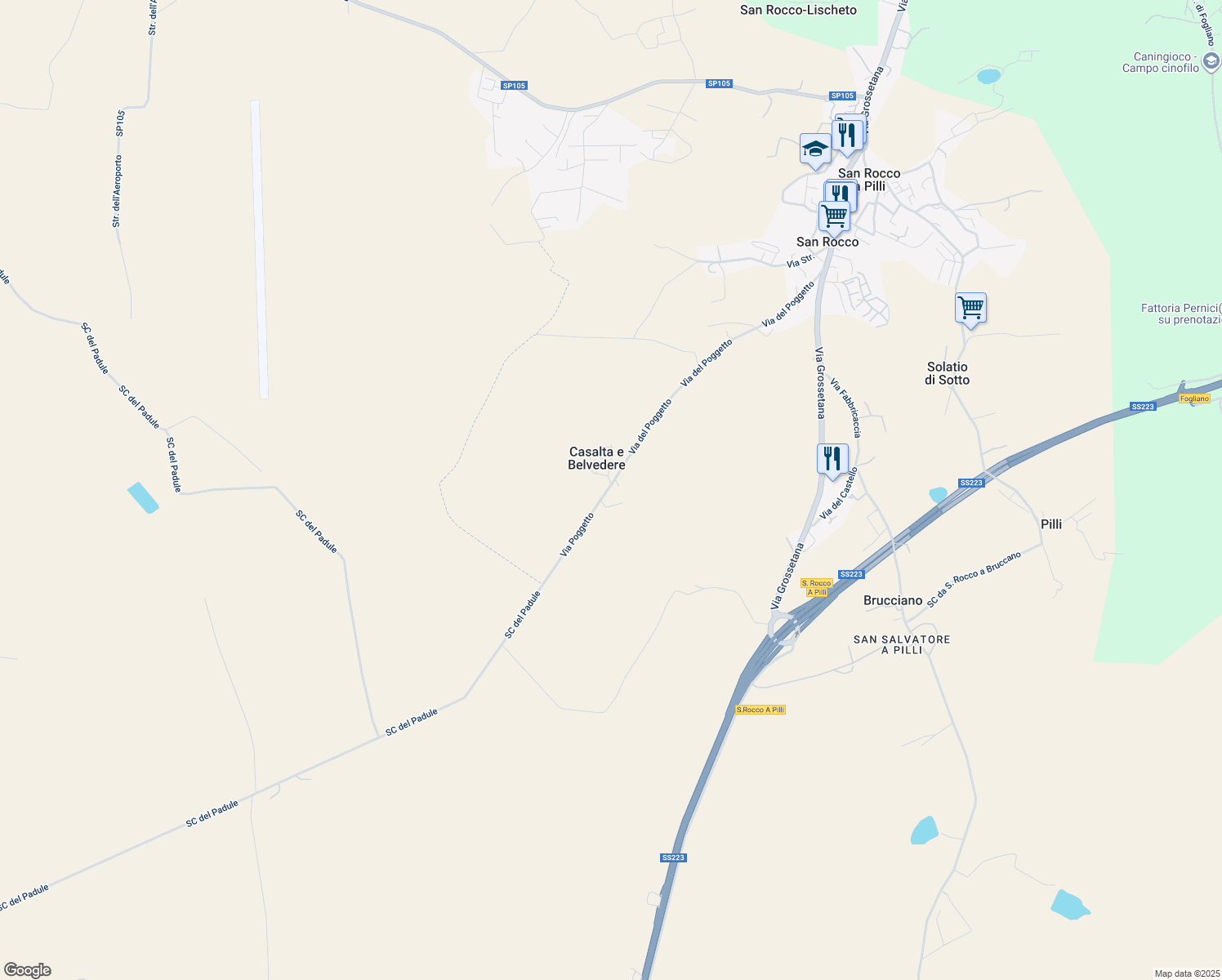 map of restaurants, bars, coffee shops, grocery stores, and more near 209H Via Poggetto in Siena