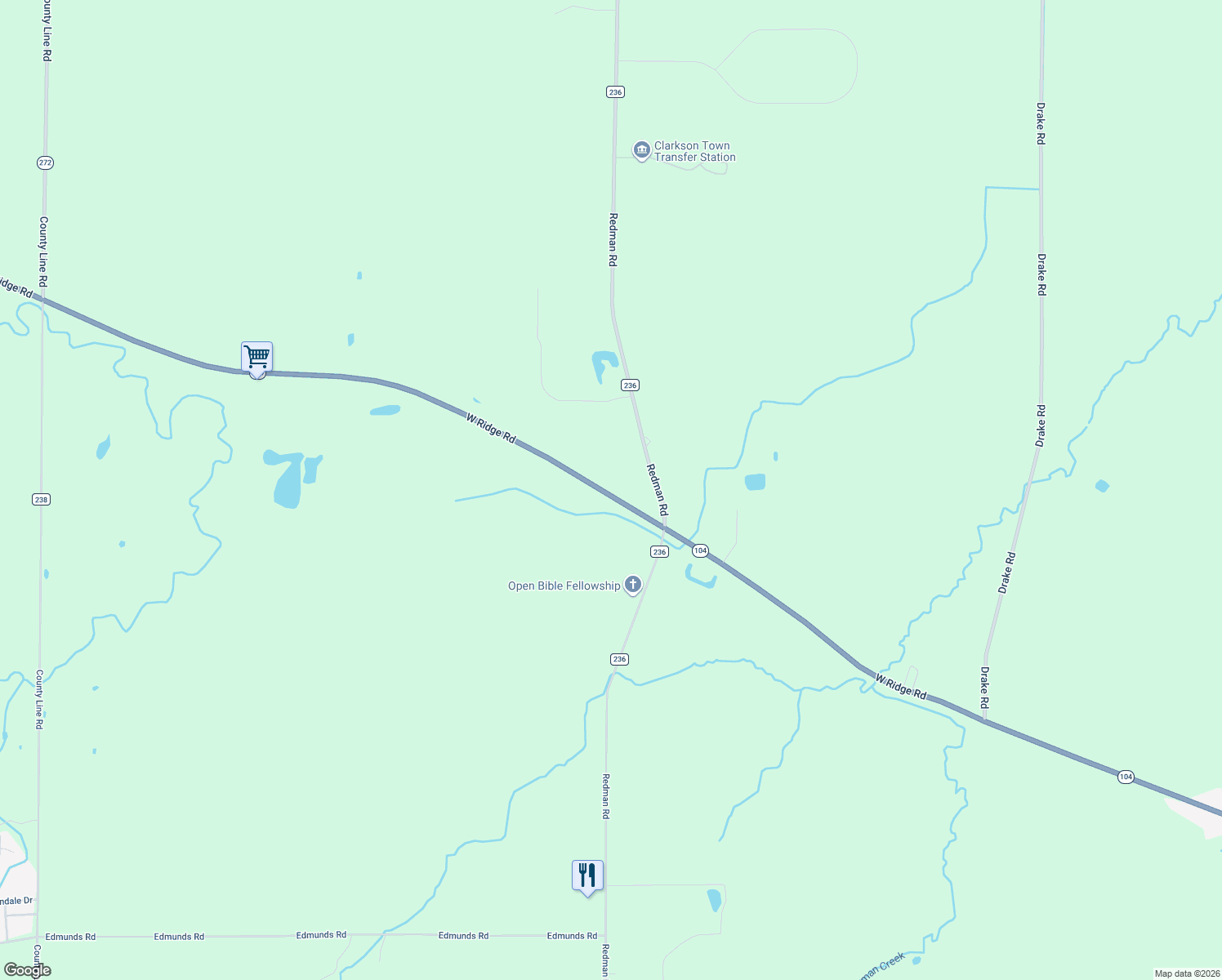 map of restaurants, bars, coffee shops, grocery stores, and more near 9318 West Ridge Road in Brockport