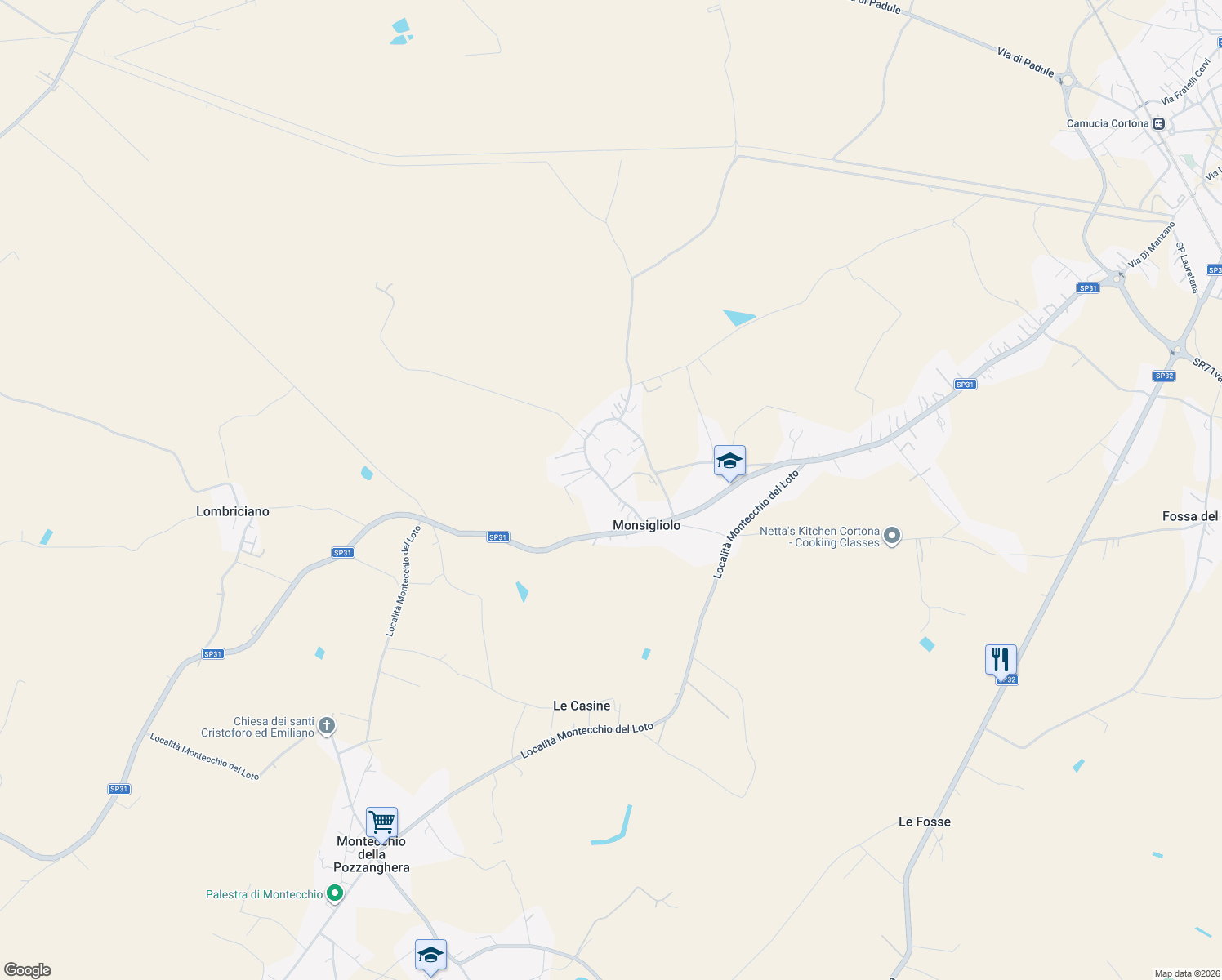 map of restaurants, bars, coffee shops, grocery stores, and more near SP31 in Camucia