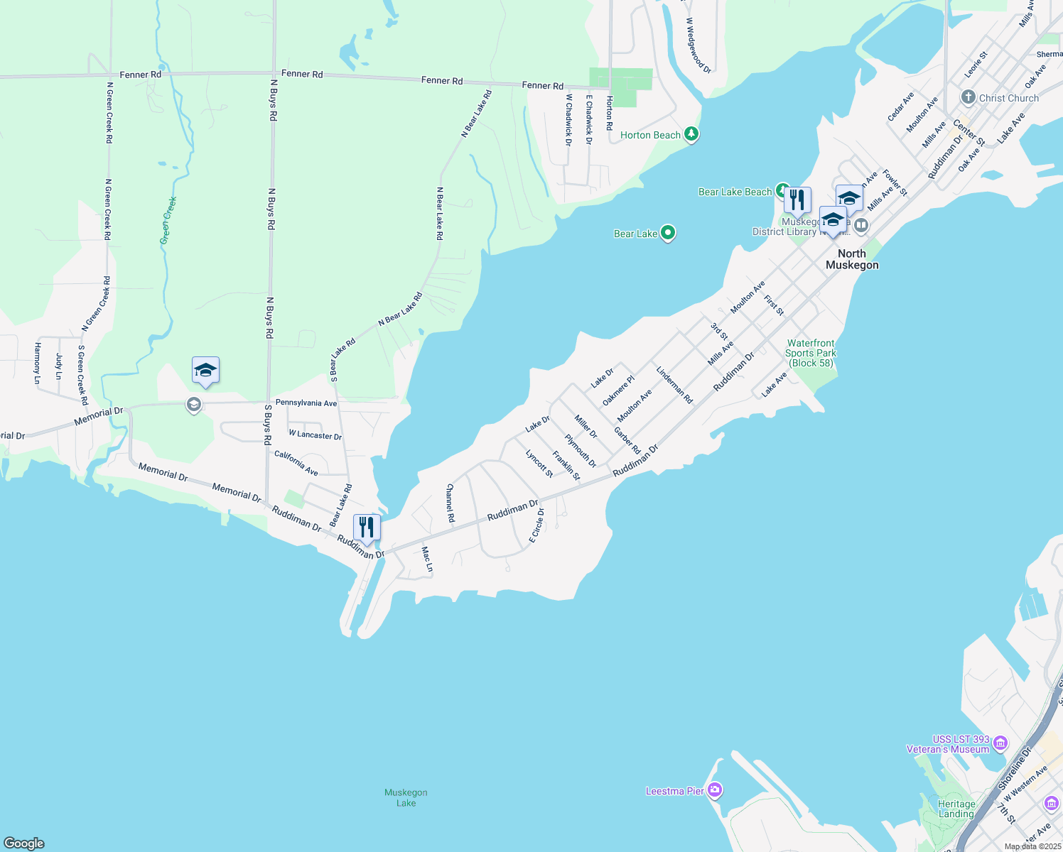 map of restaurants, bars, coffee shops, grocery stores, and more near 604 Lake Drive in North Muskegon