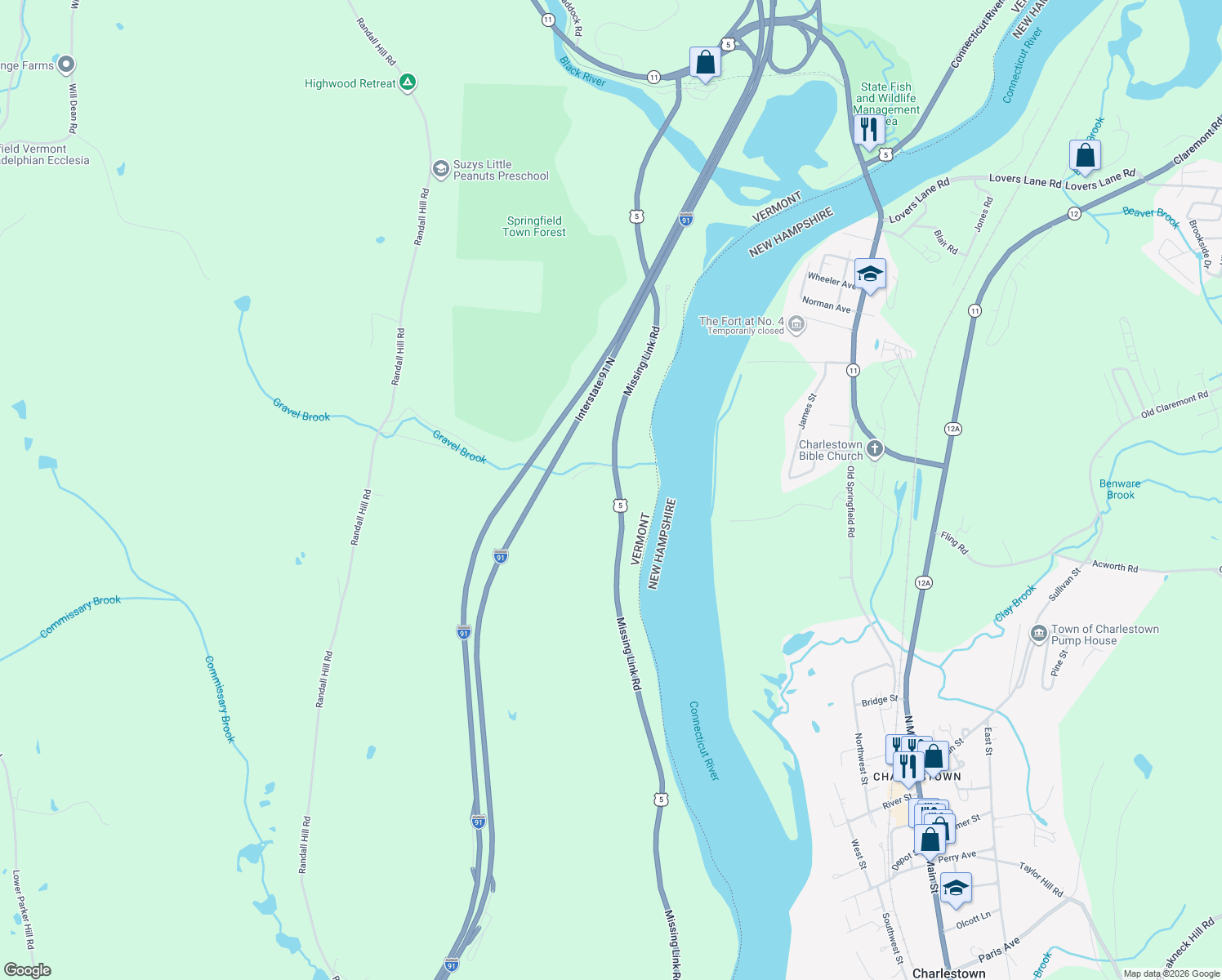 map of restaurants, bars, coffee shops, grocery stores, and more near 476 Missing Link Road in Springfield
