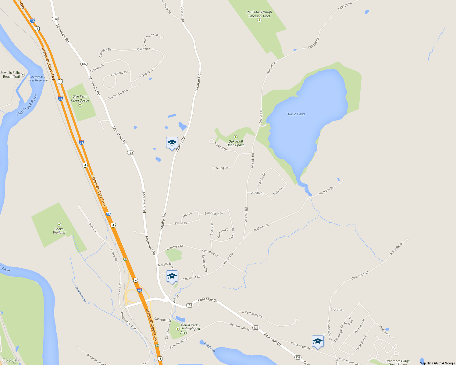 map of restaurants, bars, coffee shops, grocery stores, and more near 39 Oak Hill Road in Concord