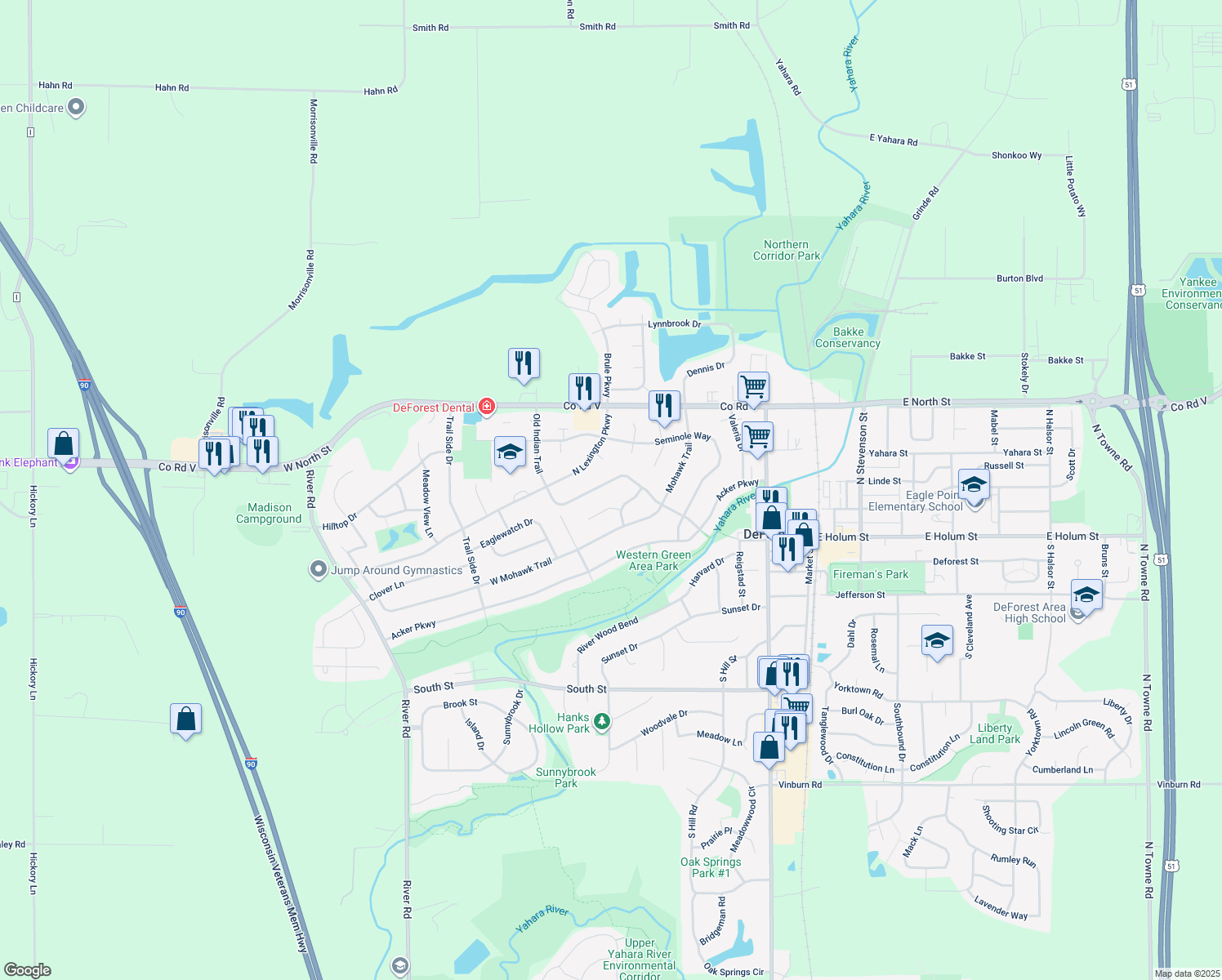 map of restaurants, bars, coffee shops, grocery stores, and more near 409 Old Indian Trail in DeForest