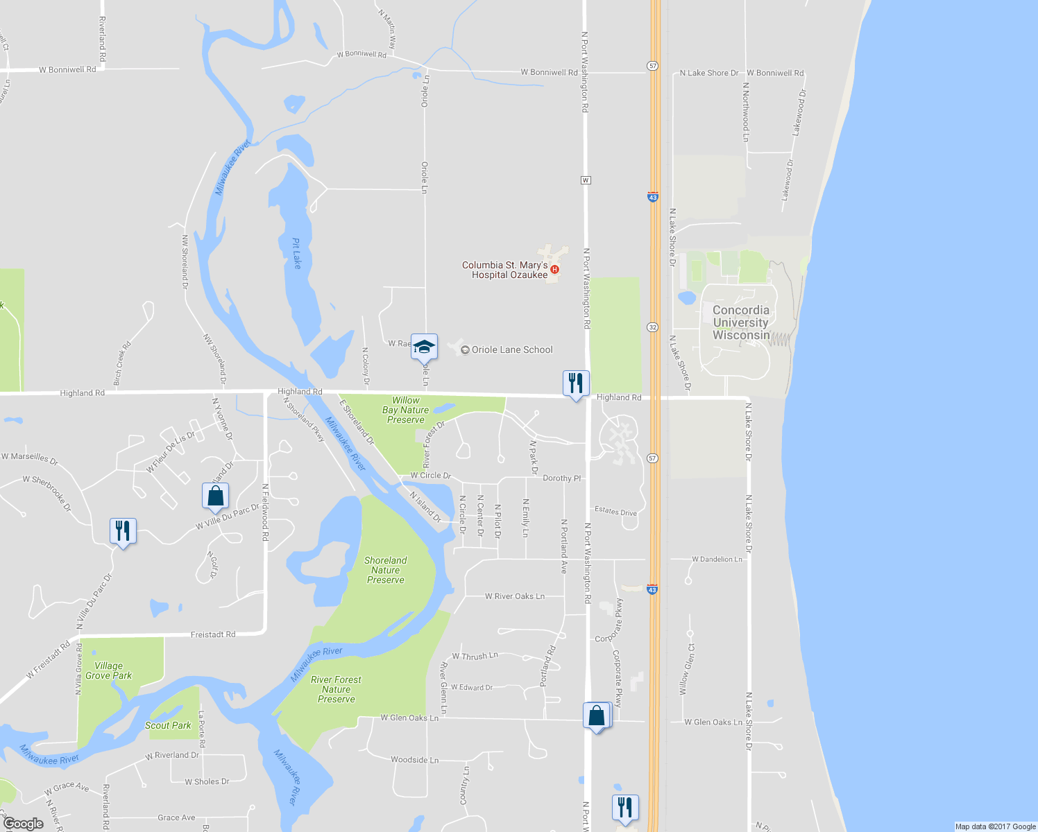 map of restaurants, bars, coffee shops, grocery stores, and more near 1532 River Forest Drive in Mequon