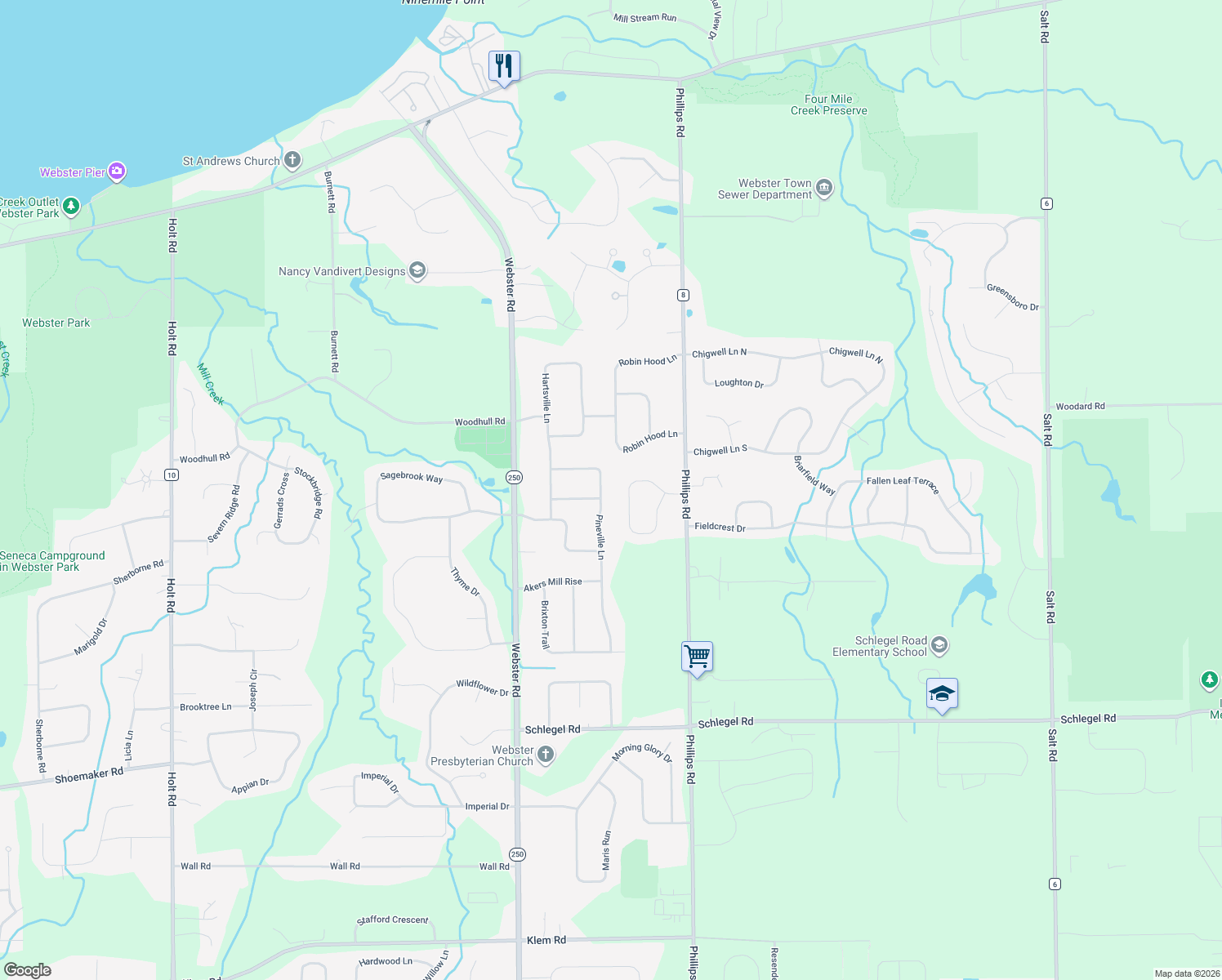 map of restaurants, bars, coffee shops, grocery stores, and more near 392 Pineville Lane in Webster