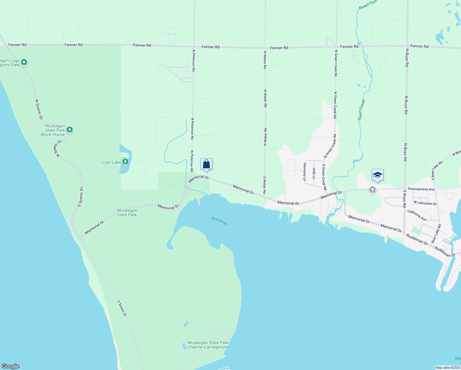 map of restaurants, bars, coffee shops, grocery stores, and more near 3305 Memorial Drive in Muskegon