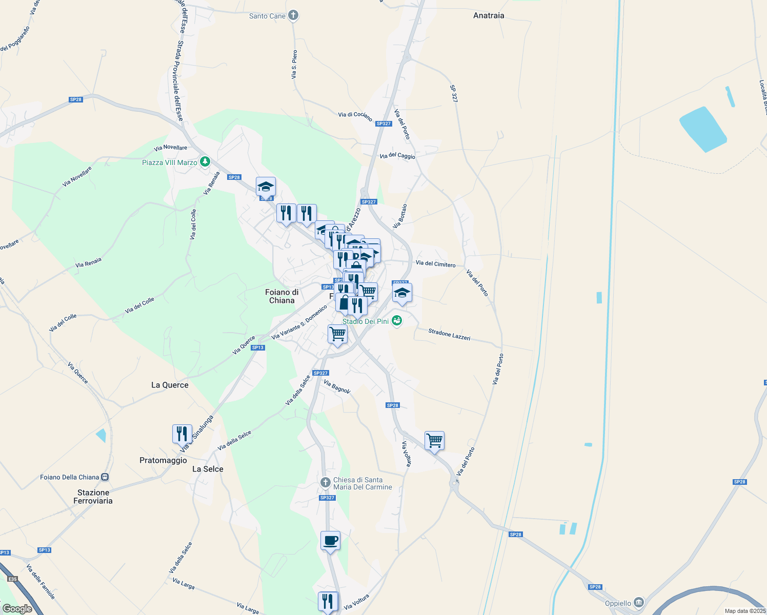map of restaurants, bars, coffee shops, grocery stores, and more near 27A Via della Repubblica in Foiano della Chiana