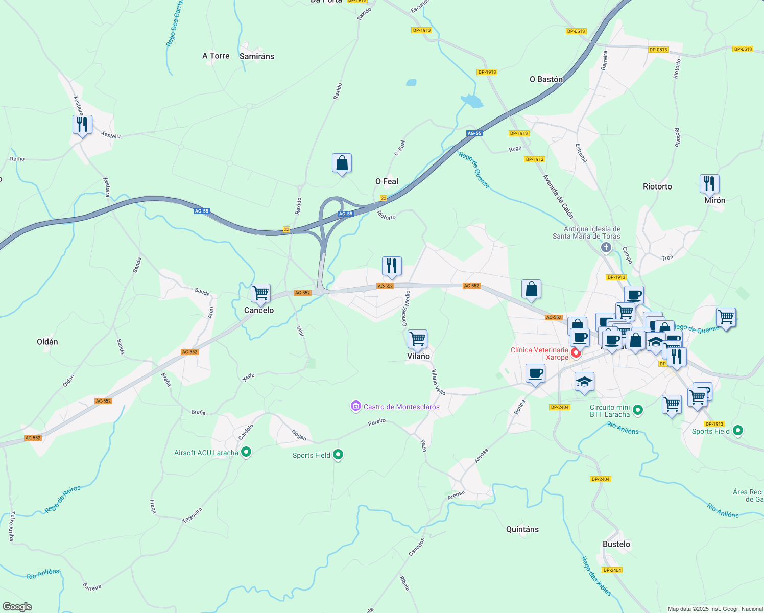 map of restaurants, bars, coffee shops, grocery stores, and more near in A Laracha