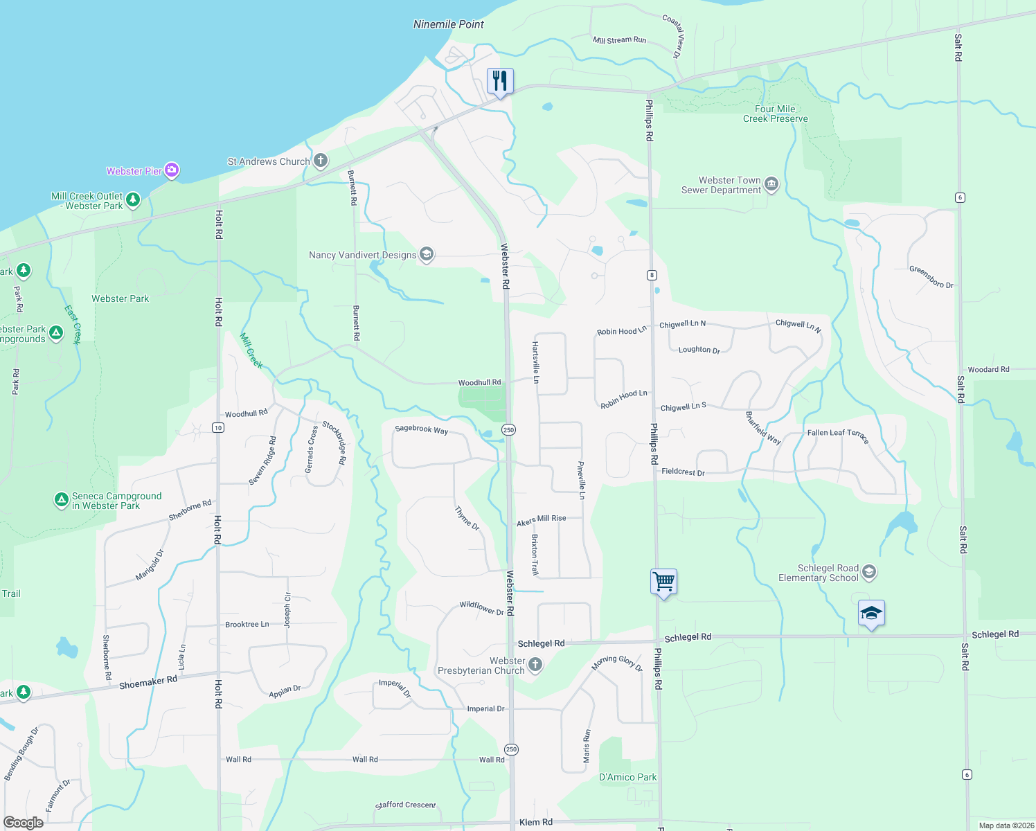map of restaurants, bars, coffee shops, grocery stores, and more near 370 Webster Road in Webster