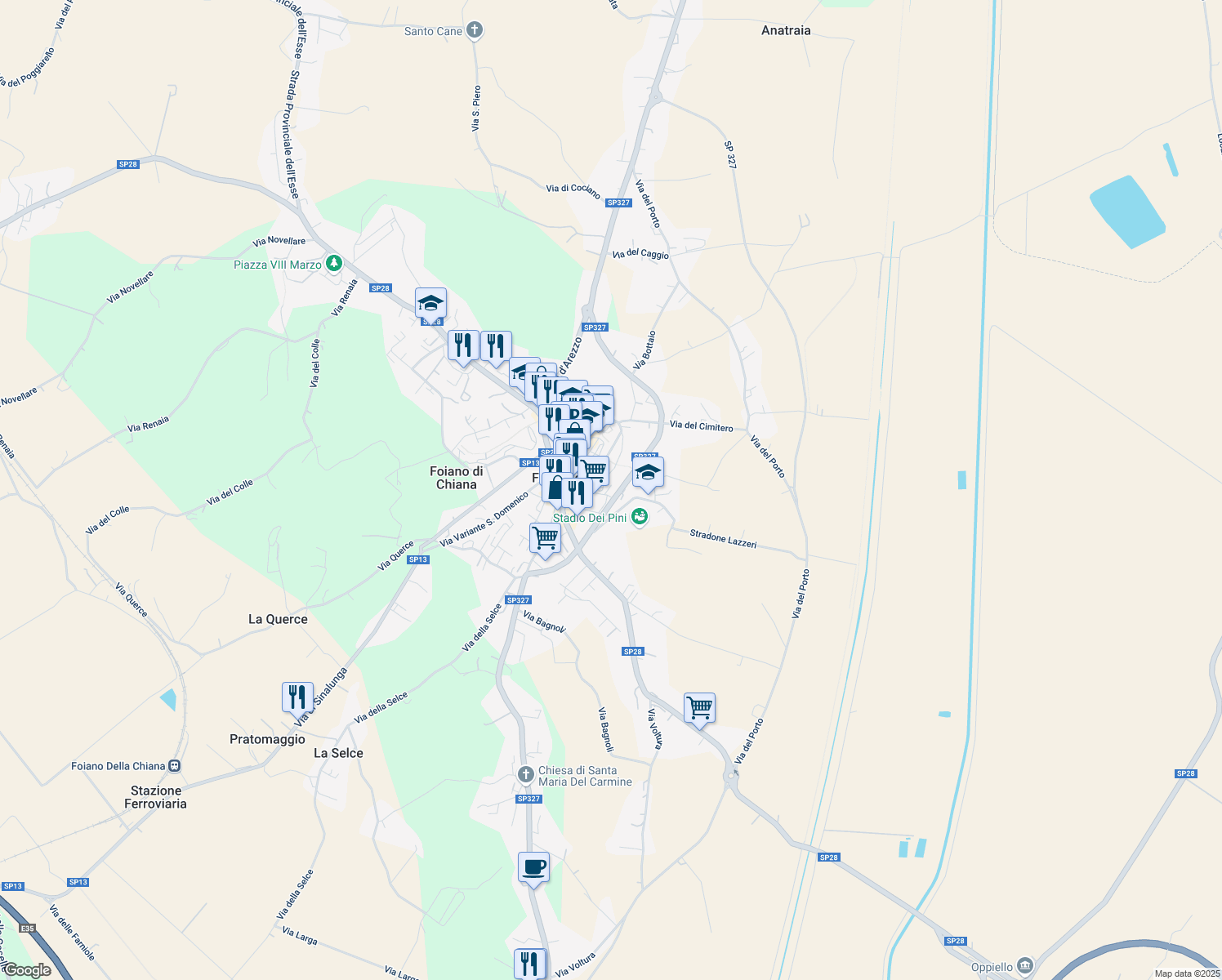 map of restaurants, bars, coffee shops, grocery stores, and more near 27A Via della Repubblica in Foiano della Chiana