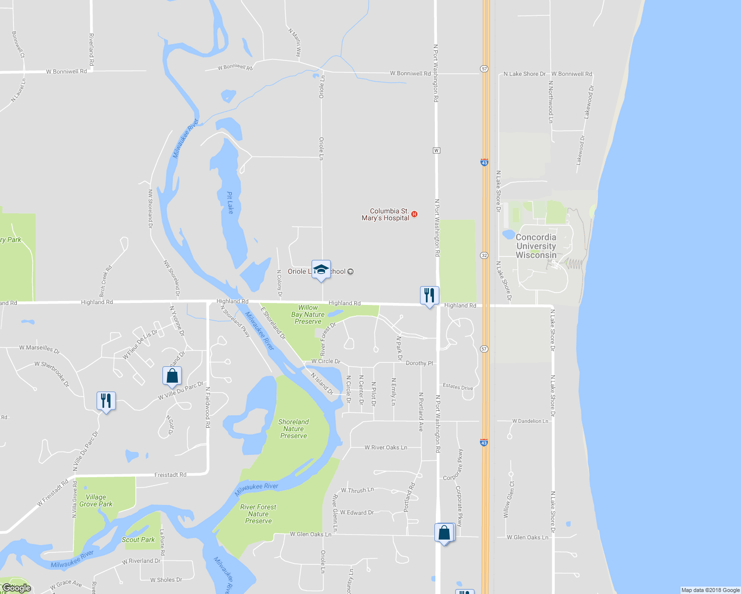map of restaurants, bars, coffee shops, grocery stores, and more near 1628 Highland Road in Mequon