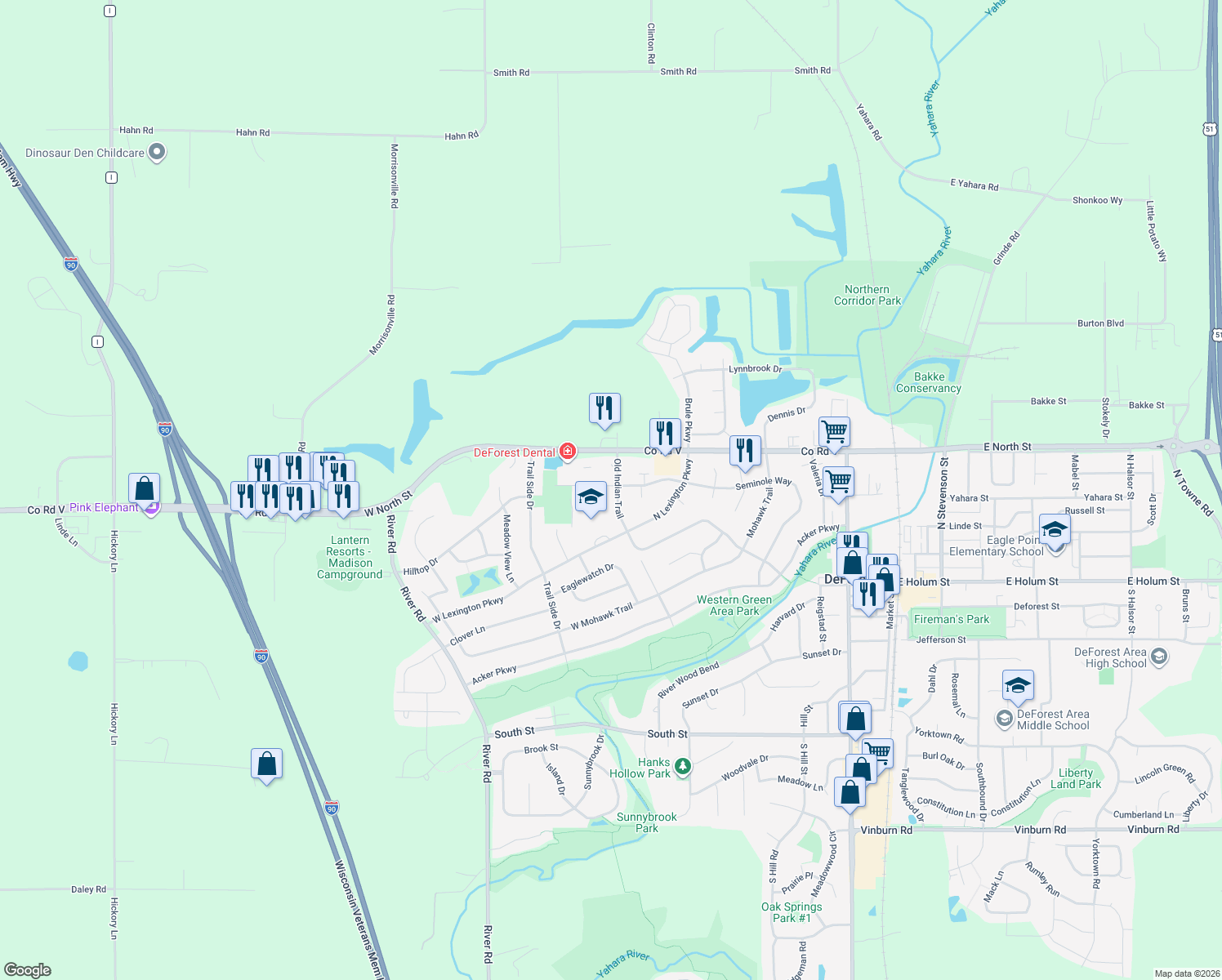 map of restaurants, bars, coffee shops, grocery stores, and more near 523 Old Indian Trail in DeForest