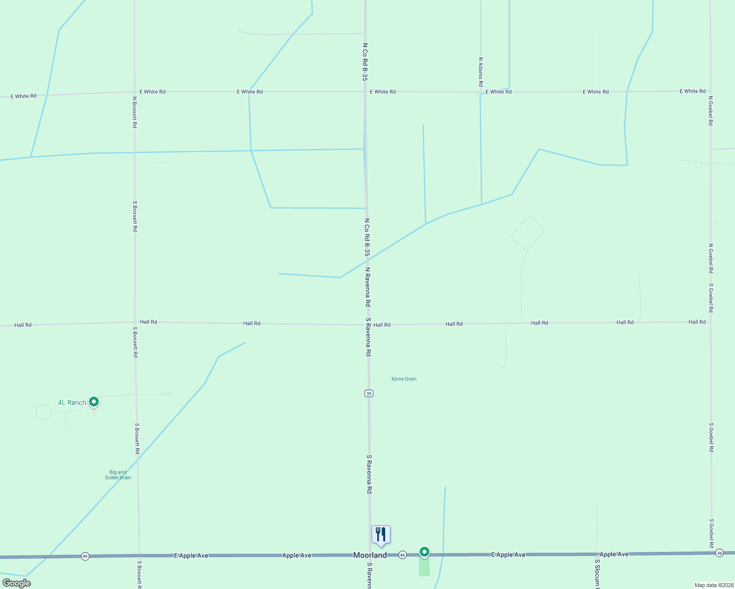 map of restaurants, bars, coffee shops, grocery stores, and more near 73 North Ravenna Road in Ravenna