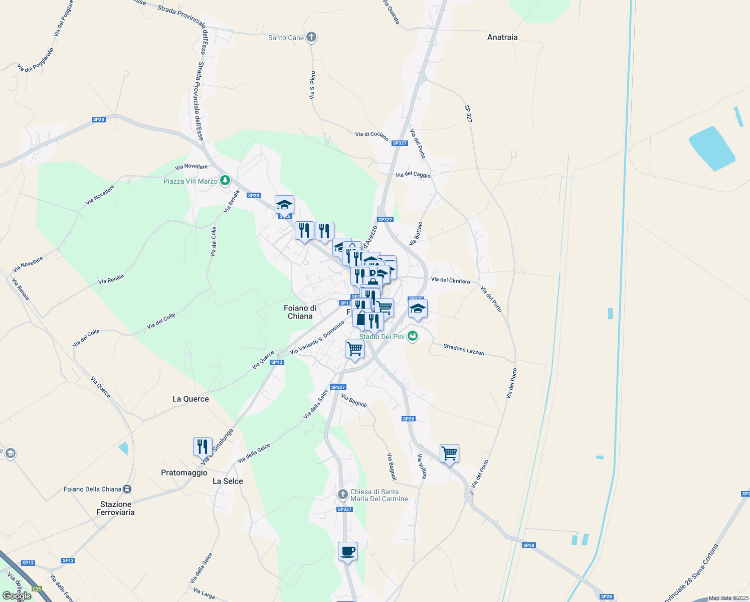 map of restaurants, bars, coffee shops, grocery stores, and more near 5 Piazza Camillo Benso Conte di Cavour in Foiano della Chiana