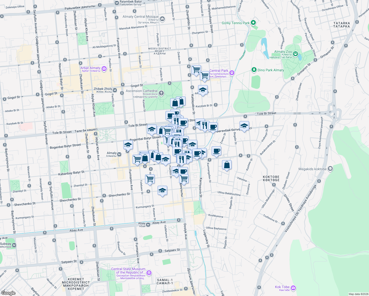 map of restaurants, bars, coffee shops, grocery stores, and more near in Almaty