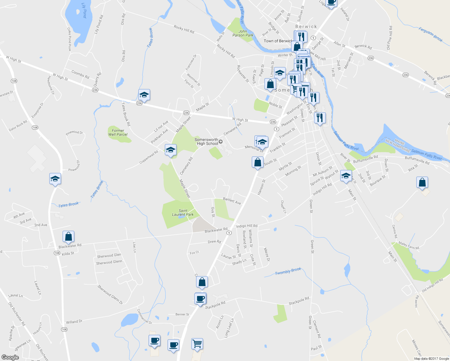 map of restaurants, bars, coffee shops, grocery stores, and more near 32 Chadwick Lane in Somersworth